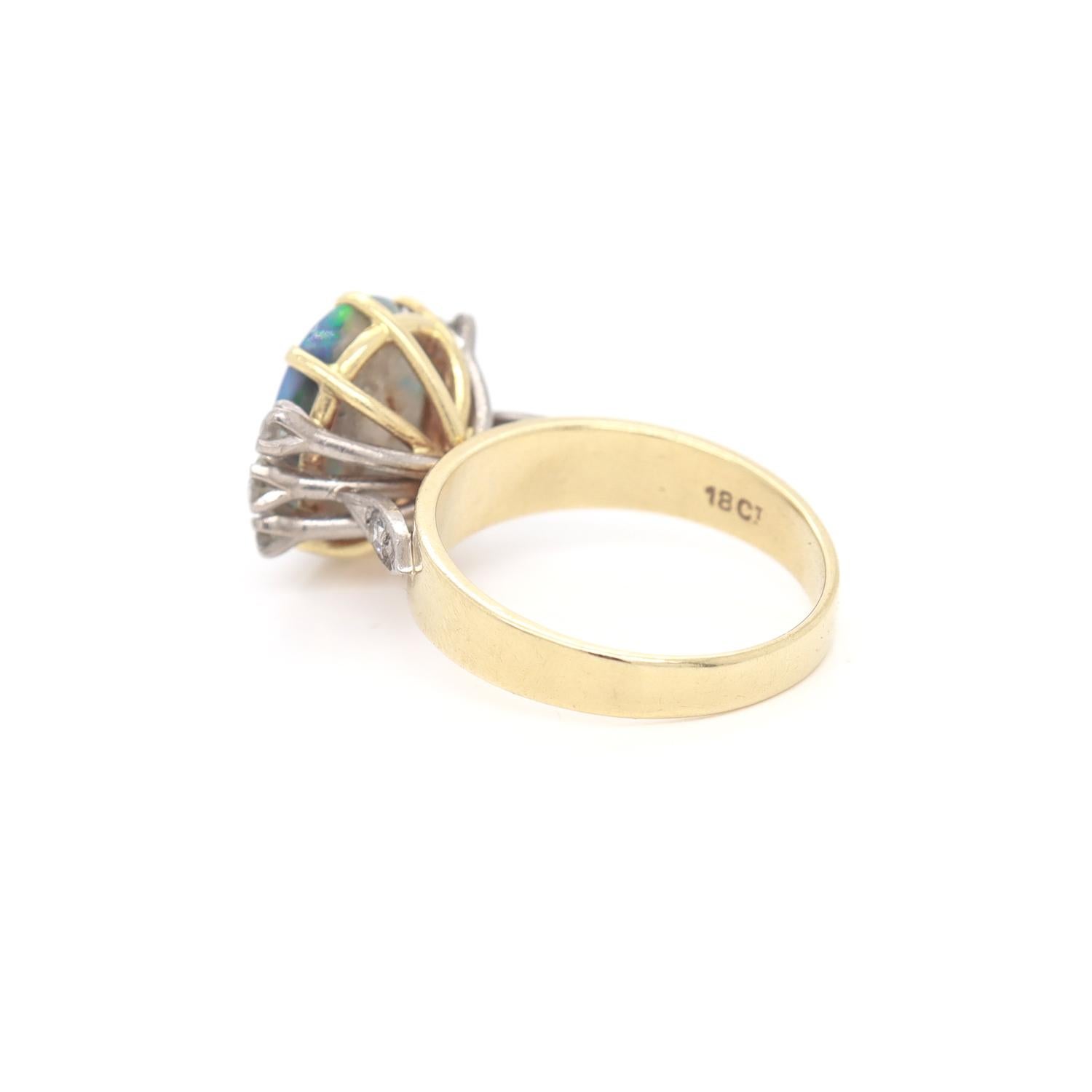 Antique Platinum, 18K Gold, Black Opal, & Diamond Cocktail Ring For Sale 3