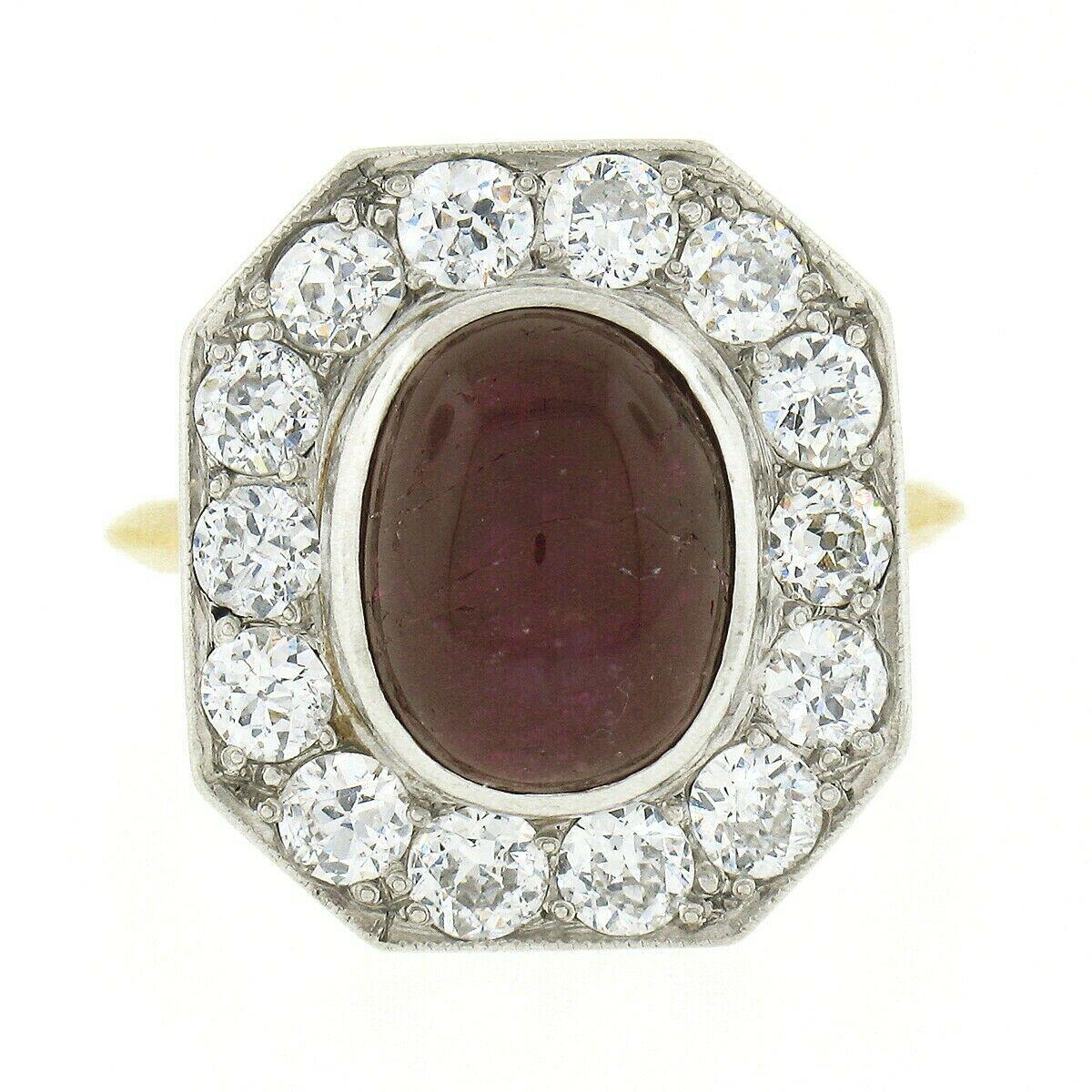 Oval Cut Antique Platinum 18K Gold Oval Cabochon Ruby European Diamond Halo Cocktail Ring