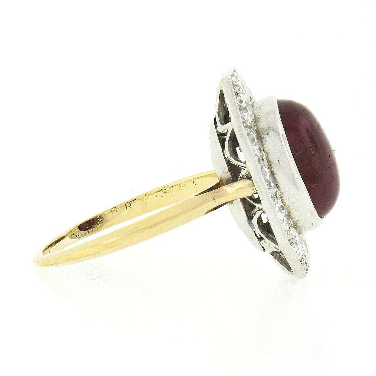 Antique Platinum 18K Gold Oval Cabochon Ruby European Diamond Halo Cocktail Ring In Good Condition In Montclair, NJ