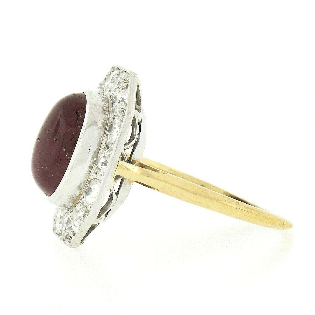 Women's Antique Platinum 18K Gold Oval Cabochon Ruby European Diamond Halo Cocktail Ring