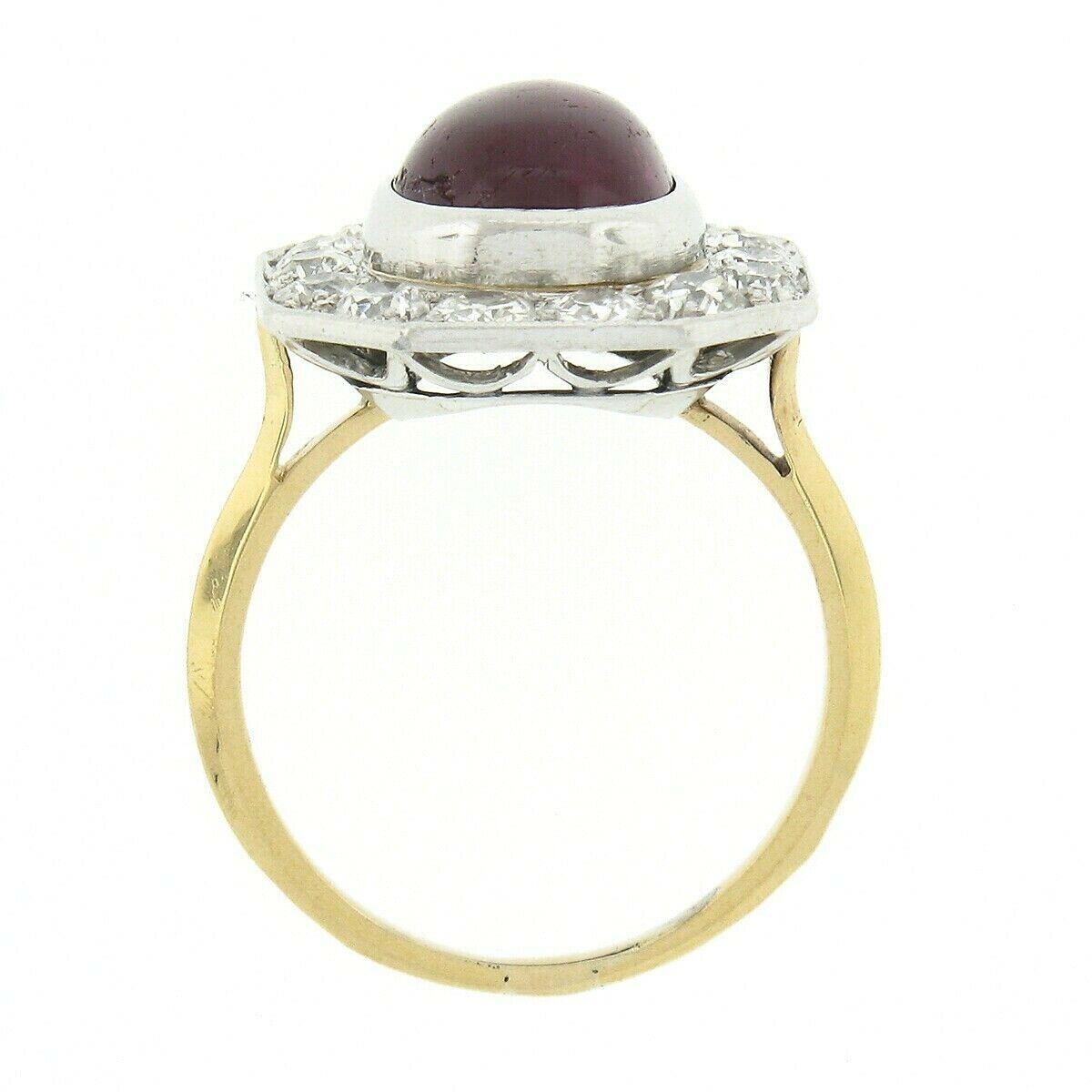 Antique Platinum 18K Gold Oval Cabochon Ruby European Diamond Halo Cocktail Ring 2