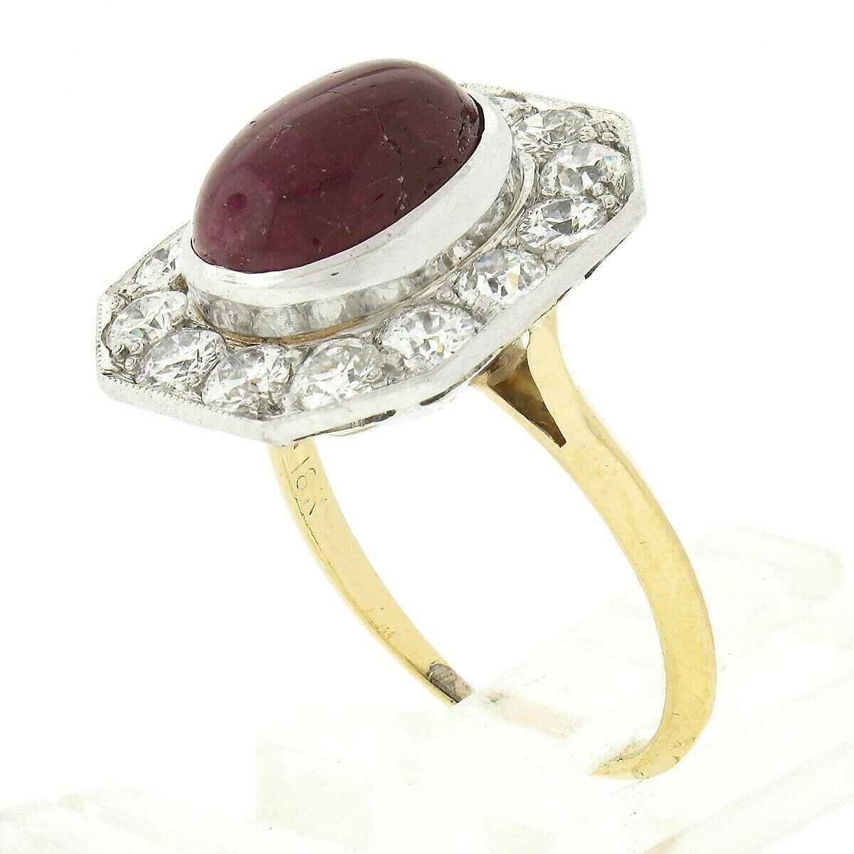 Antique Platinum 18K Gold Oval Cabochon Ruby European Diamond Halo Cocktail Ring 3