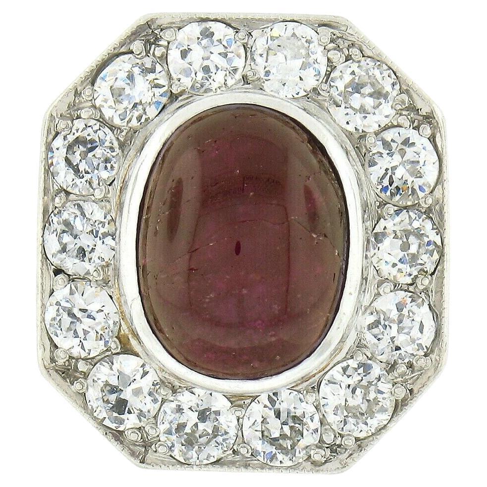 Antique Platinum 18K Gold Oval Cabochon Ruby European Diamond Halo Cocktail Ring