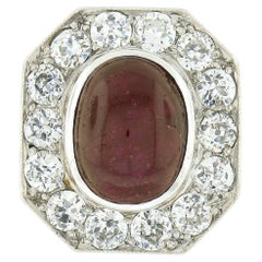 Antique Platinum 18K Gold Oval Cabochon Ruby European Diamond Halo Cocktail Ring