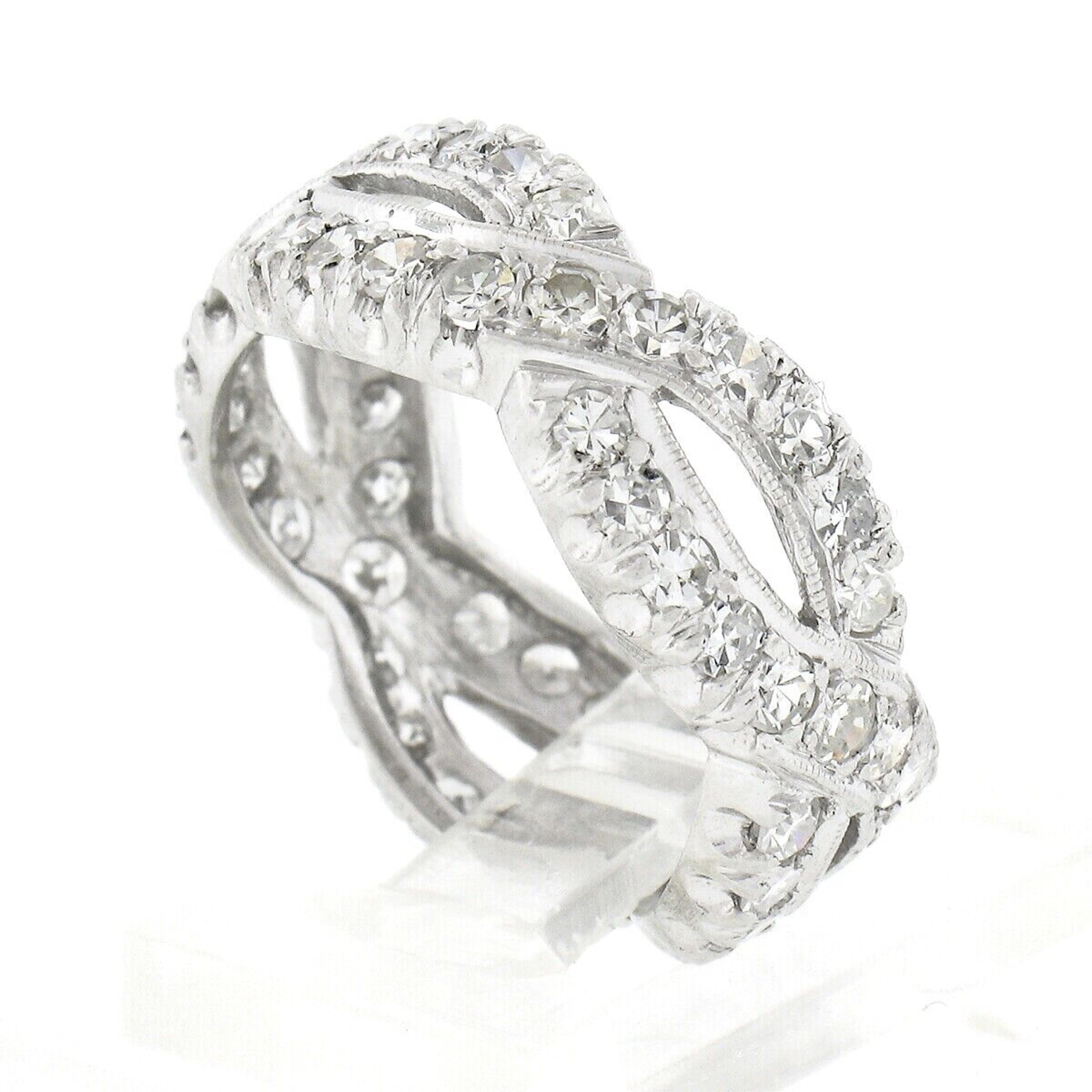 Art Deco Antique Platinum 1.90ctw Round Pave Diamond Infinity Braided Eternity Band Ring For Sale