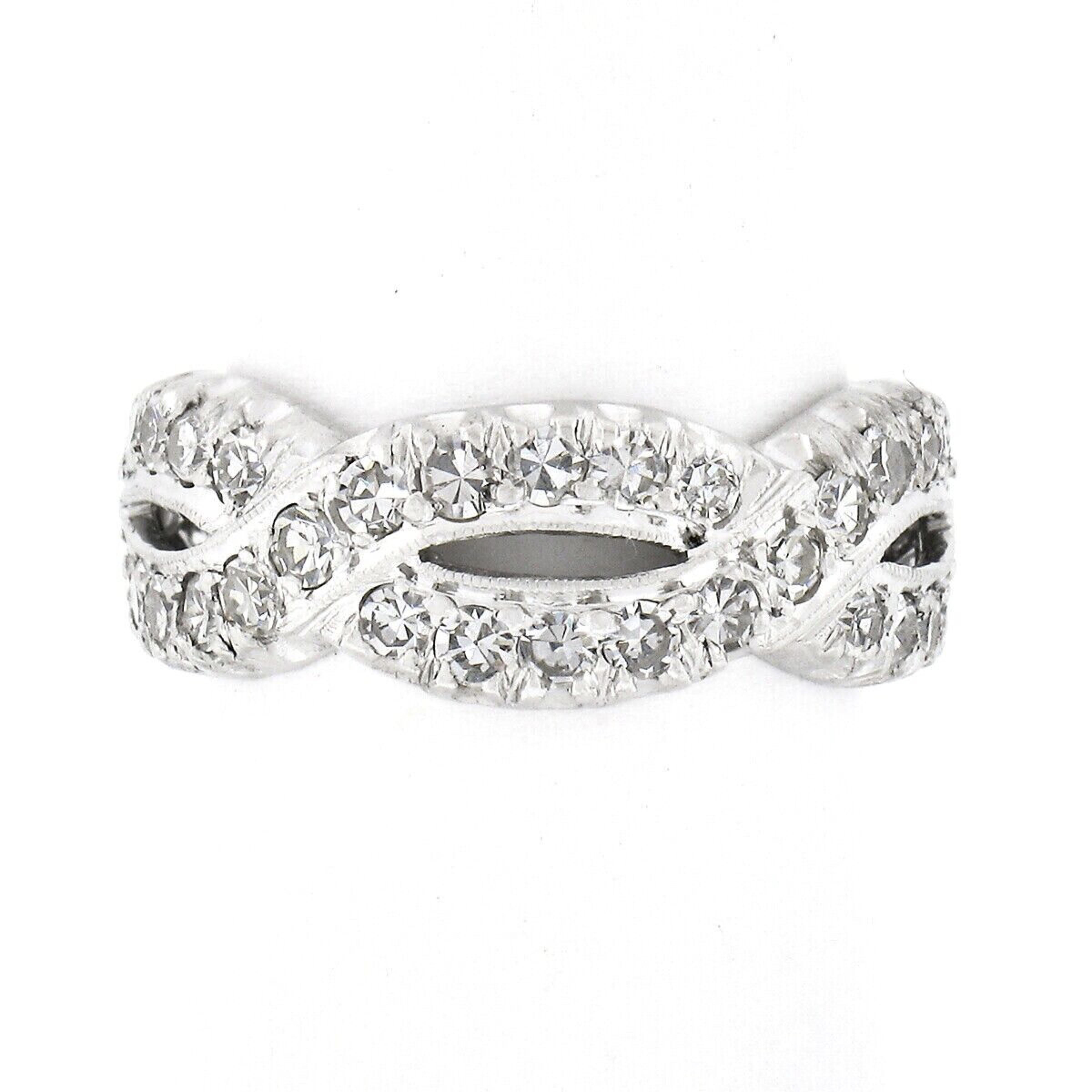 Single Cut Antique Platinum 1.90ctw Round Pave Diamond Infinity Braided Eternity Band Ring For Sale