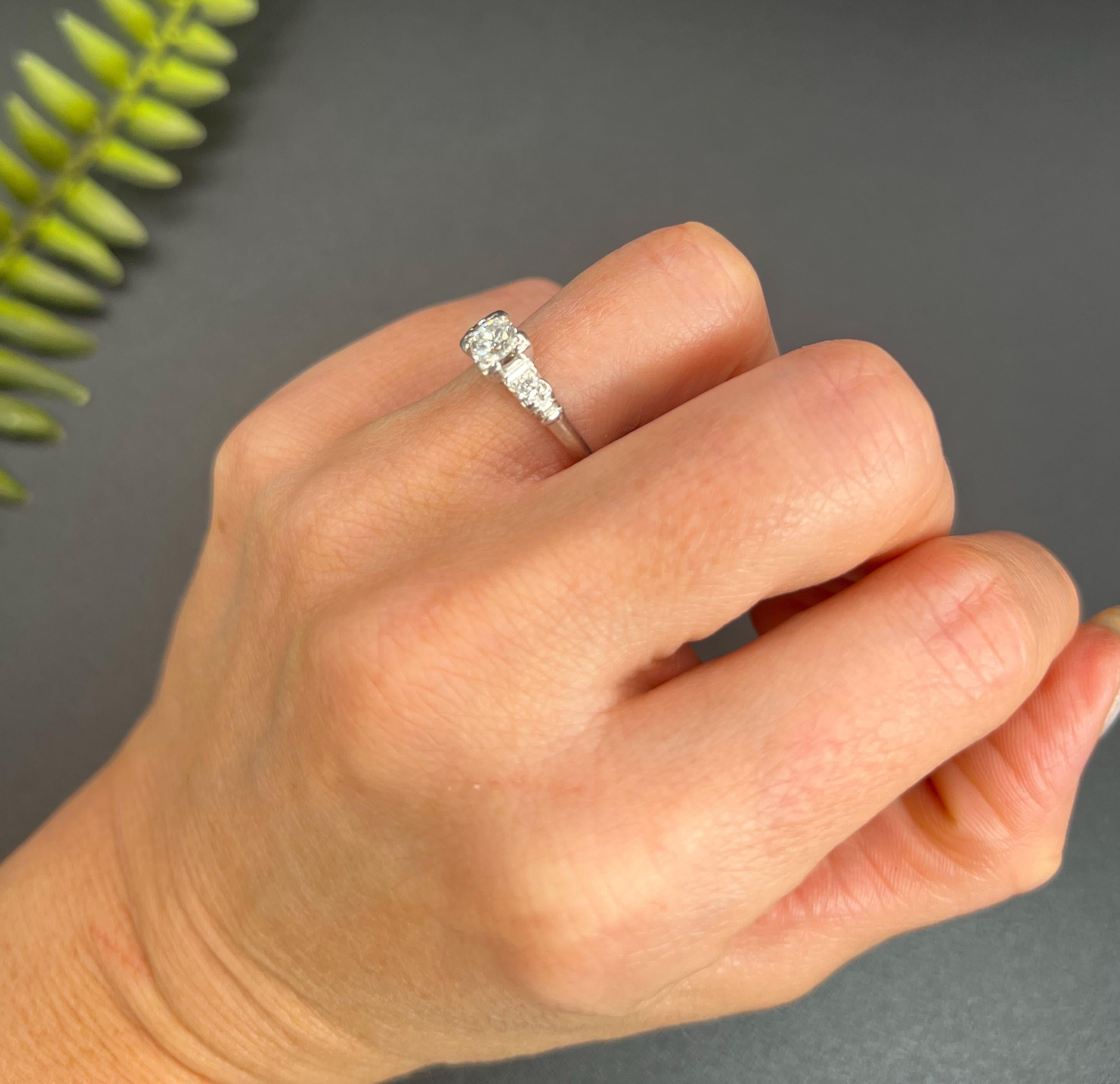 Antique Platinum, 1920s 0.40ct Single Stone Diamond Ring with Diamond Shoulders For Sale 1