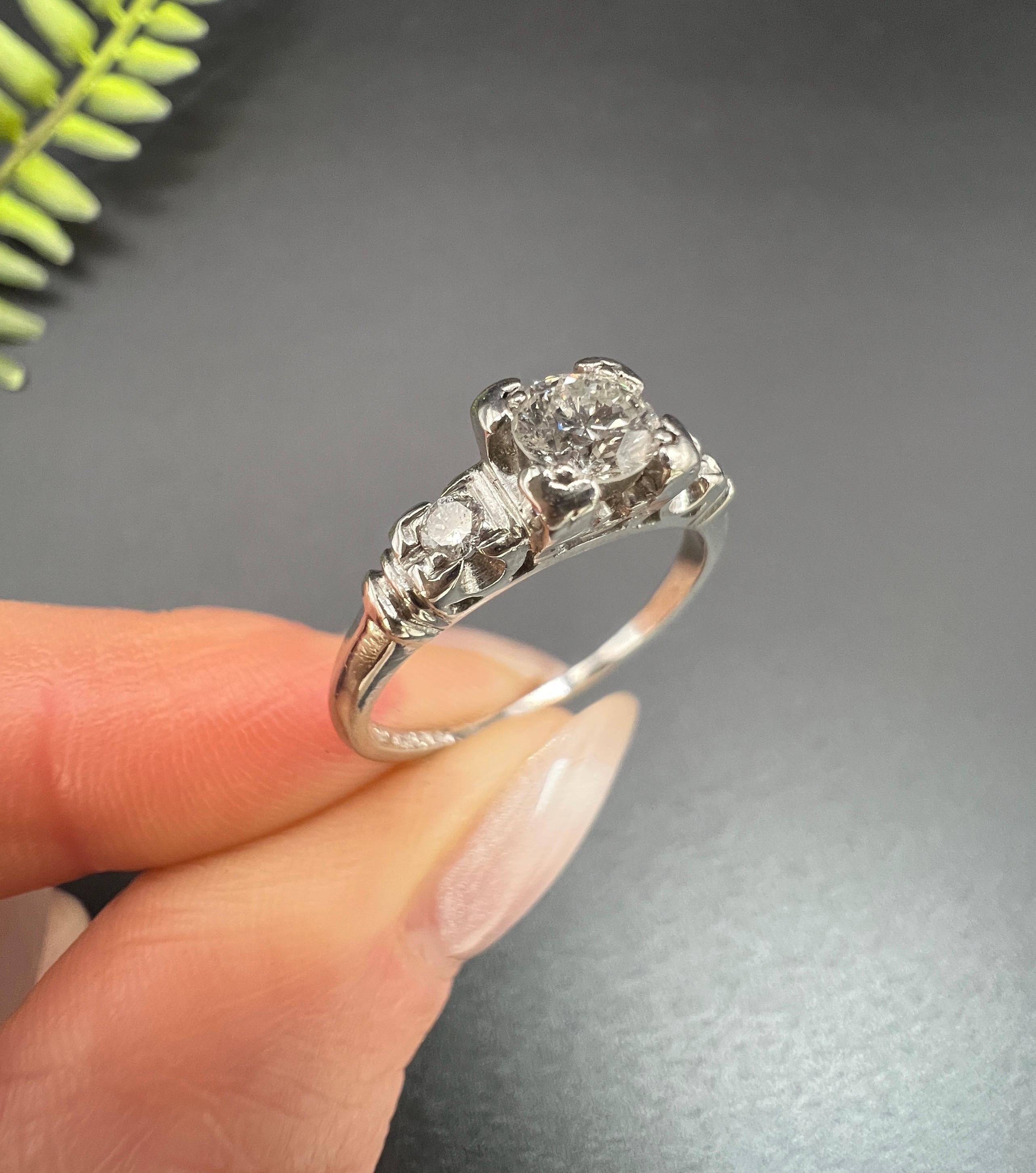 Antique Platinum, 1920s 0.40ct Single Stone Diamond Ring with Diamond Shoulders For Sale 2
