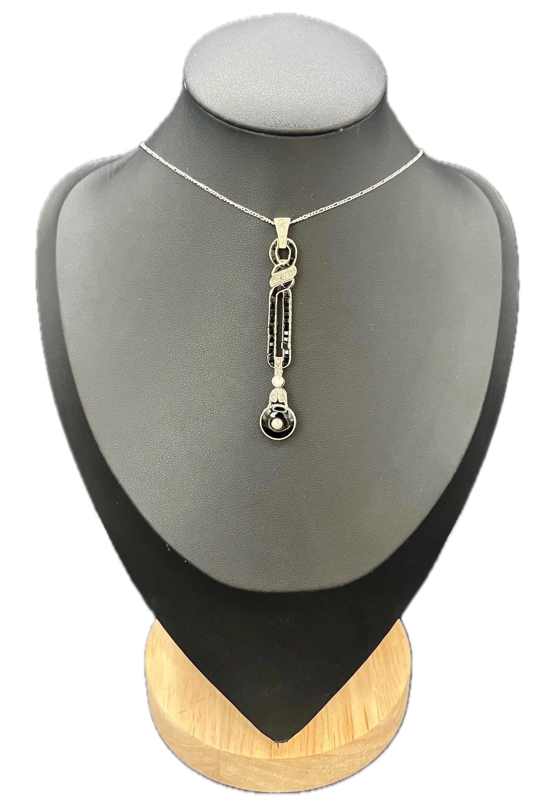 Antique Platinum, 1920s Art Deco Onyx 
Diamond Drop Pendant