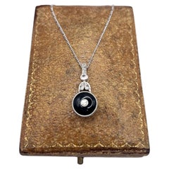 Antique Platinum, 1920s Art Deco Onyx & Diamond Drop Pendant Necklace