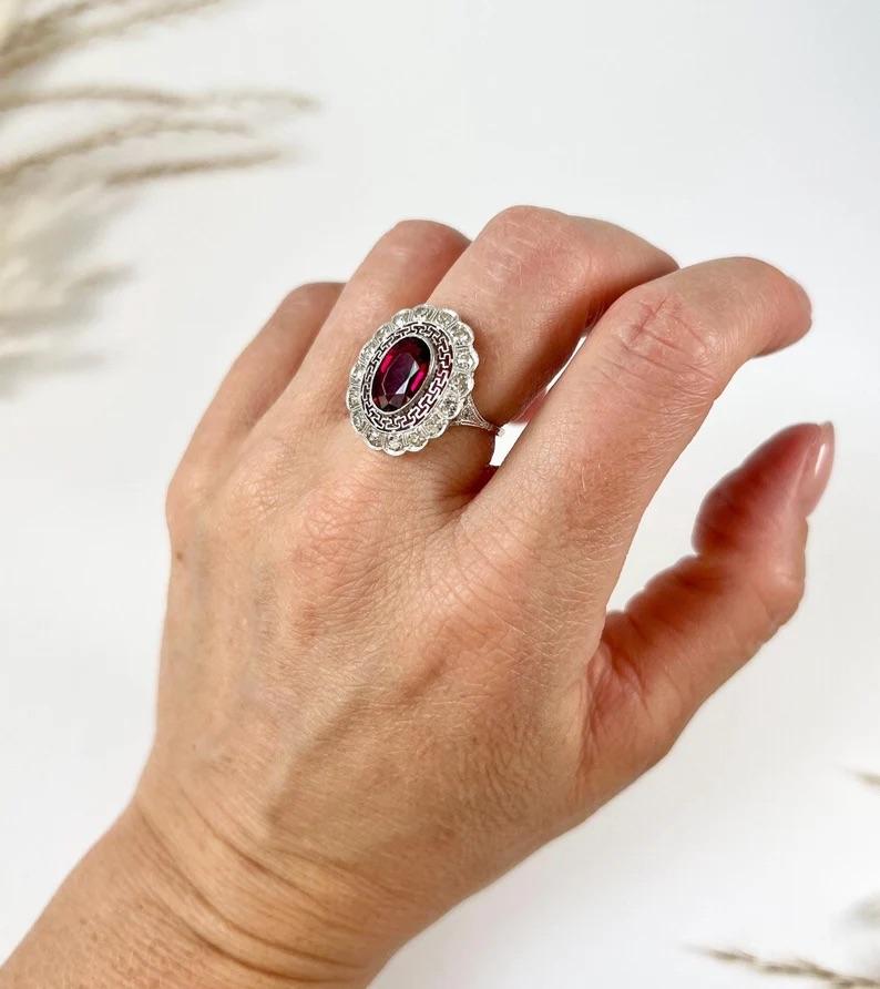 Oval Cut Antique Platinum, 1920s Art Deco Pink Tourmaline Diamond Oval Cluster Halo Ring For Sale