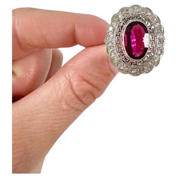 Antique Platinum, 1920s Art Deco Pink Tourmaline Diamond Oval Cluster Halo Ring For Sale