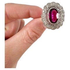 Antique Platinum, 1920s Art Deco Pink Tourmaline Diamond Oval Cluster Halo Ring