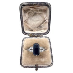 Antique Platinum, 1920s Original Art Deco Rectangular Sapphire & Diamond Ring