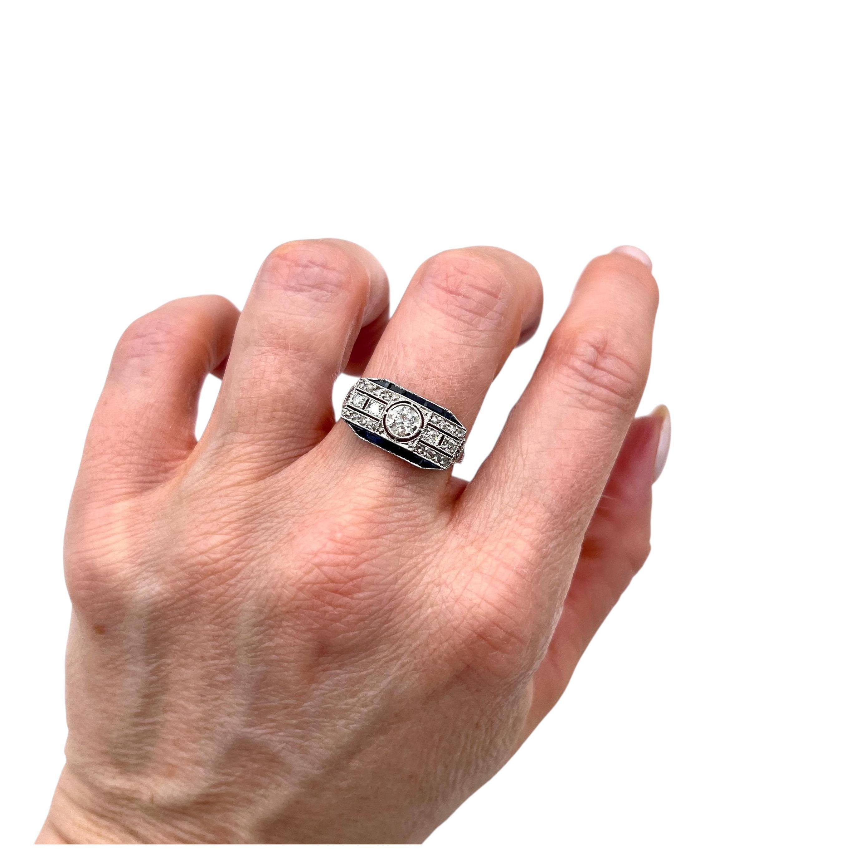Antique Platinum 1920s Original Art Deco Sapphire and Diamond Across Finger Ring For Sale