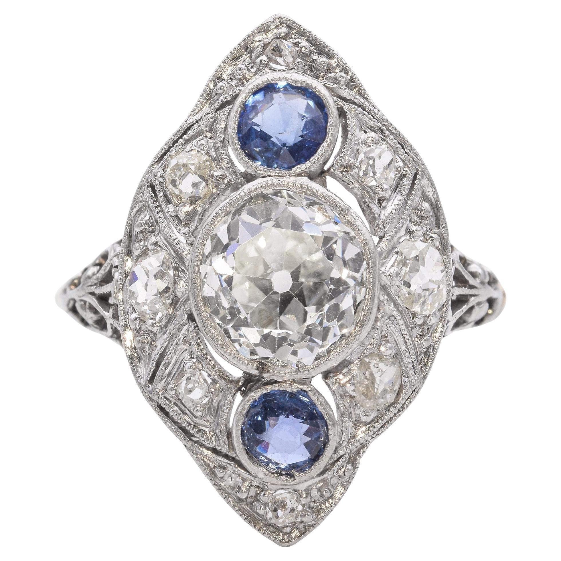 Antique Platinum 2.0tcw Diamond and Sapphire Dinner Ring
