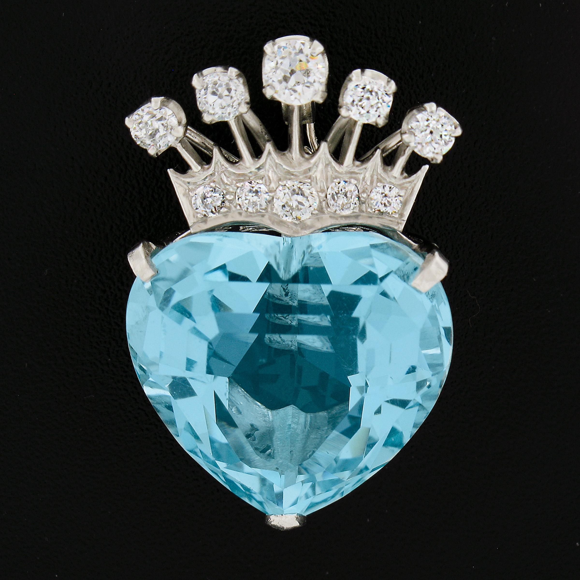 --Stone(s):--
(1) Natural Genuine Aquamarine - Heart Cut - Prong Set - Transparent Blue Color  
** See Certification Details Below for Complete Info ** - 21ct (approx. - based on GIA measurements)
(5) Natural Genuine Diamonds- Old European Cut -
