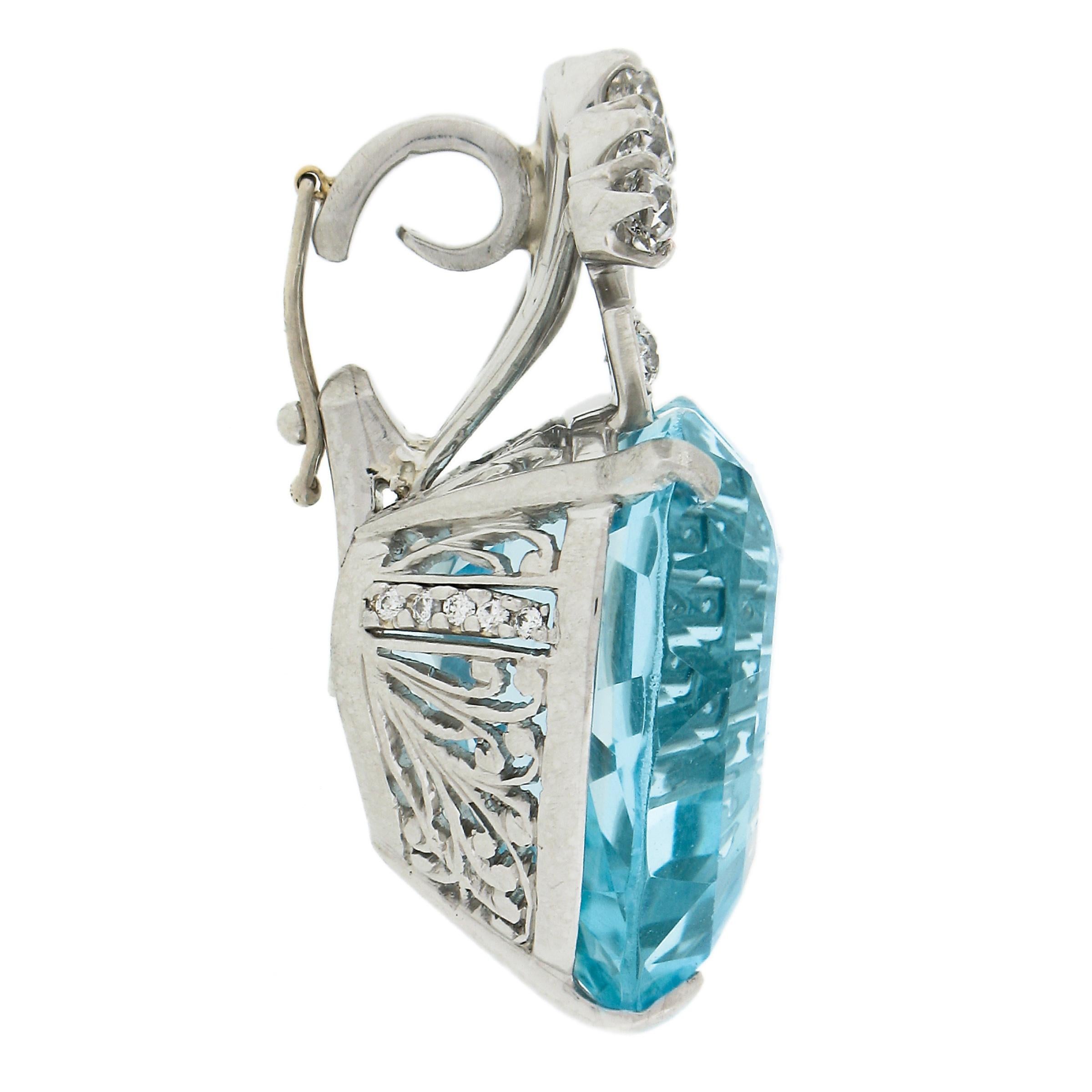 Art Deco Antique Platinum 21.90ct GIA Heart Cut Aquamarine Diamond Crown Enhancer Pendant