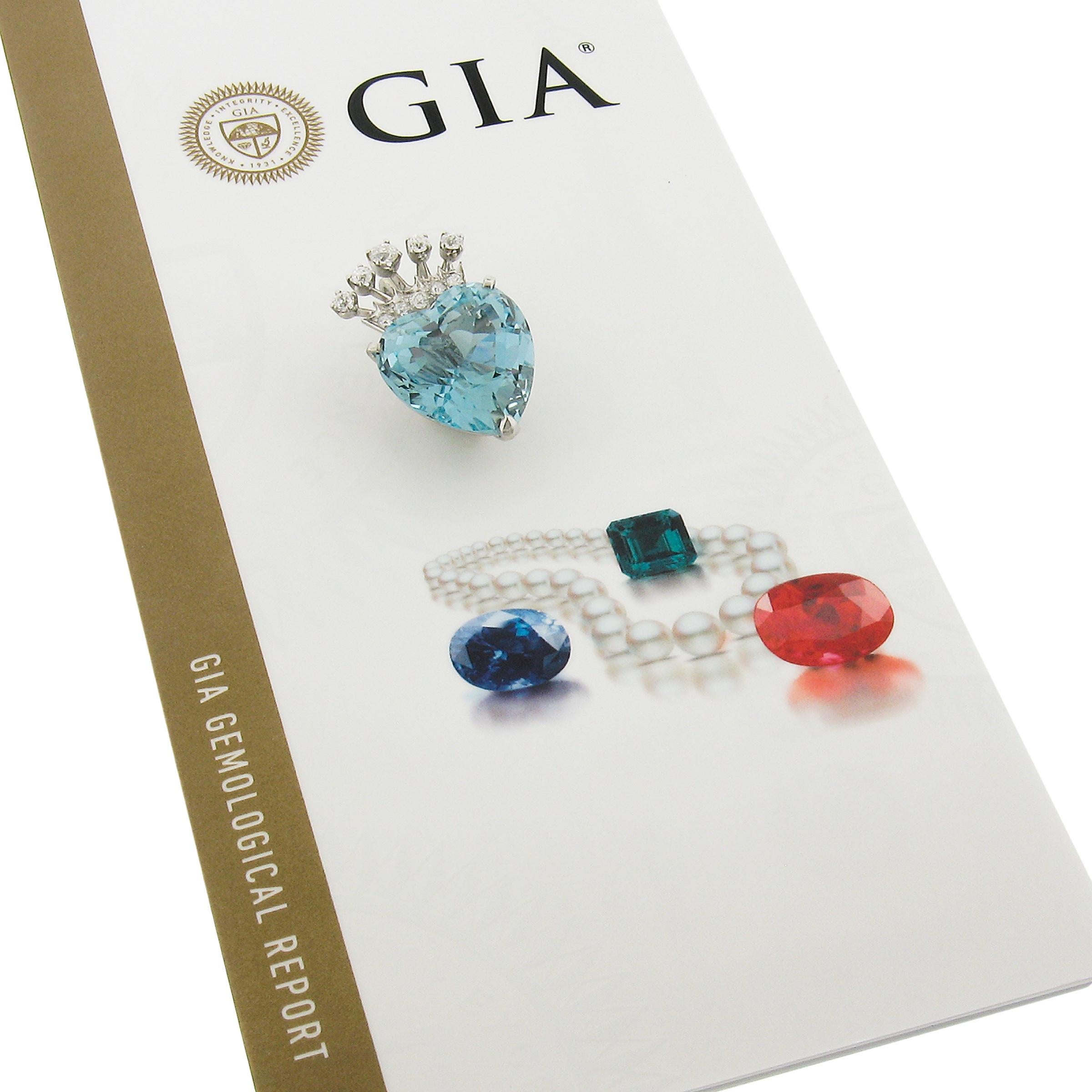 Women's or Men's Antique Platinum 21.90ct GIA Heart Cut Aquamarine Diamond Crown Enhancer Pendant