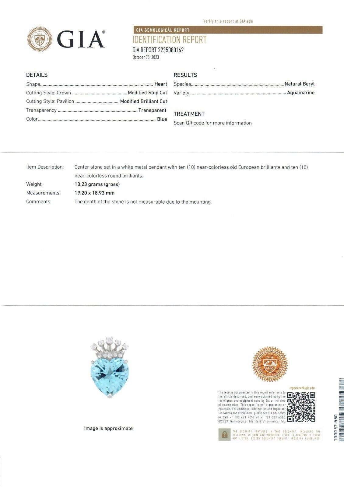 Antique Platinum 21.90ct GIA Heart Cut Aquamarine Diamond Crown Enhancer Pendant 1