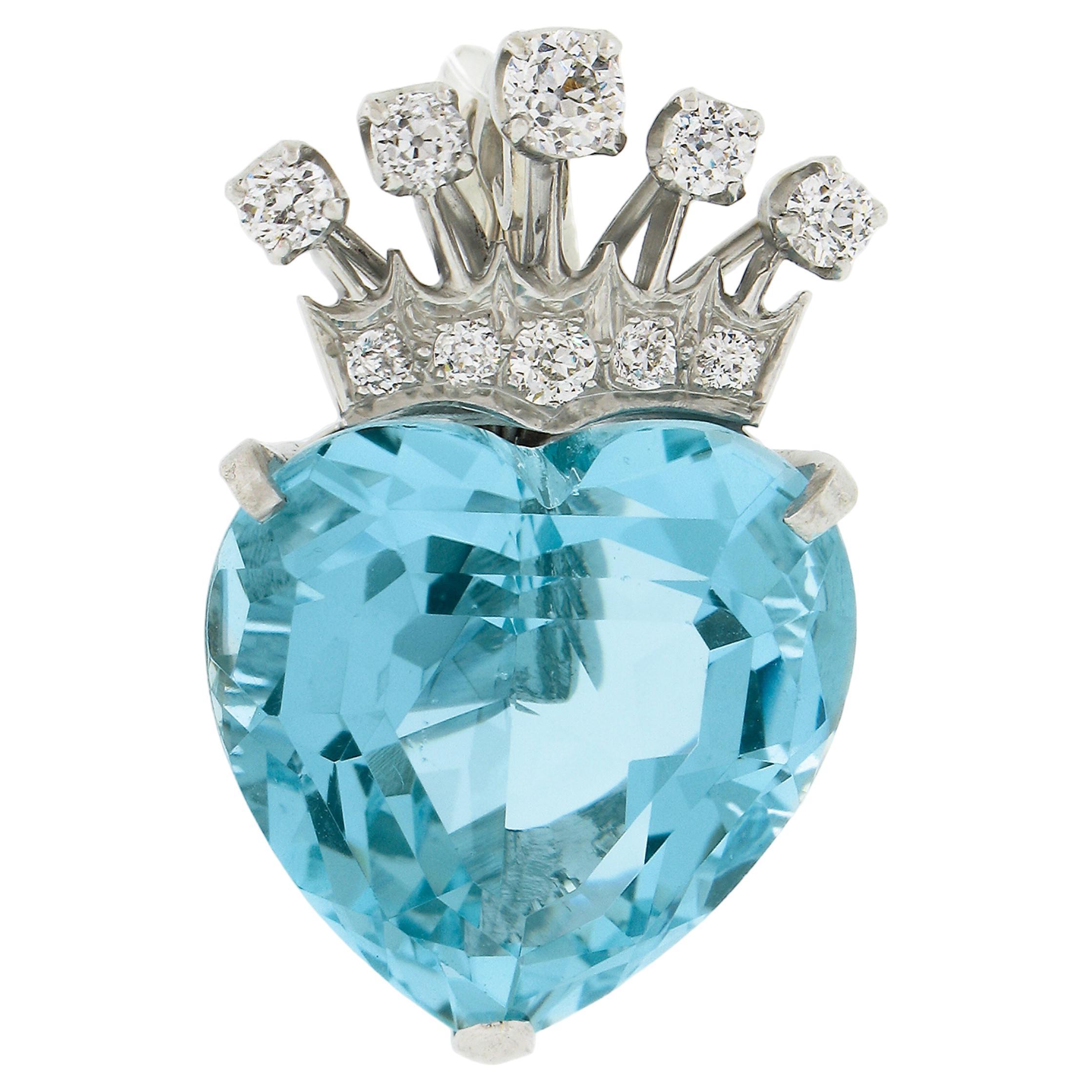 Antique Platinum 21.90ct GIA Heart Cut Aquamarine Diamond Crown Enhancer Pendant
