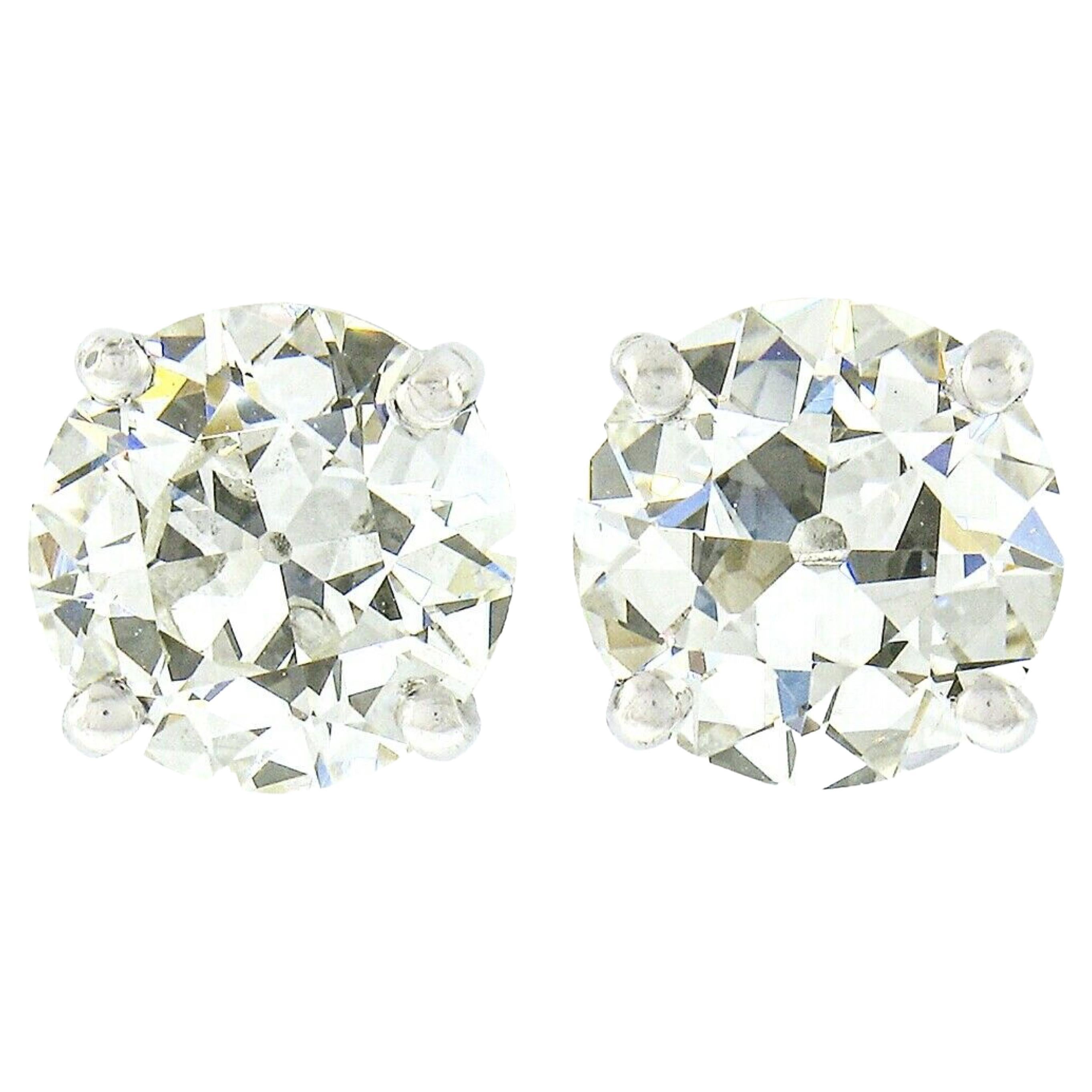 Old European Cut Diamond Platinum Halo Stud ClipOn Earrings For Sale