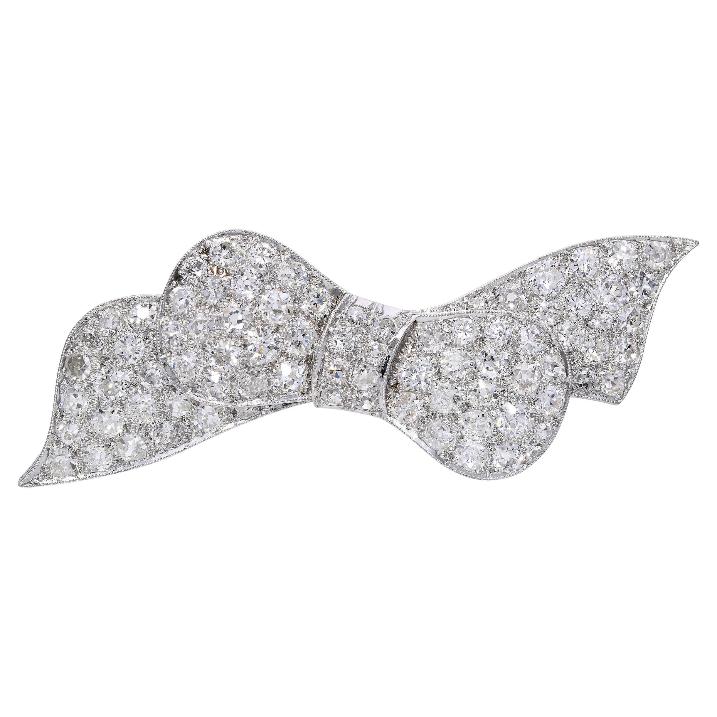 Antique Platinum 2.65tcw Old Euro Cut Diamond Bow Brooch