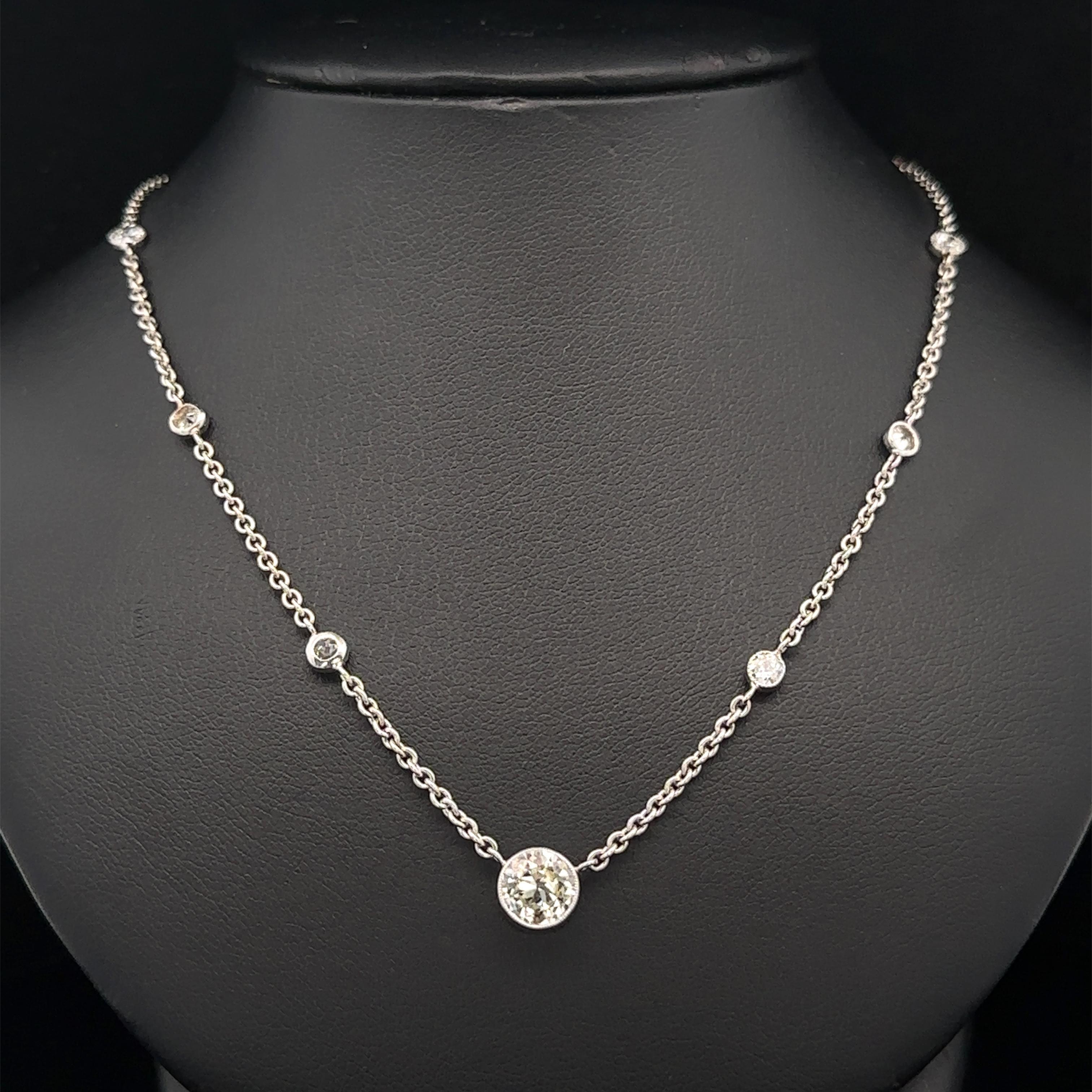 Collana a catena in platino antico con castone di diamanti taglio vecchio da 2,70 ct. In condizioni ottime in vendita a Montclair, NJ