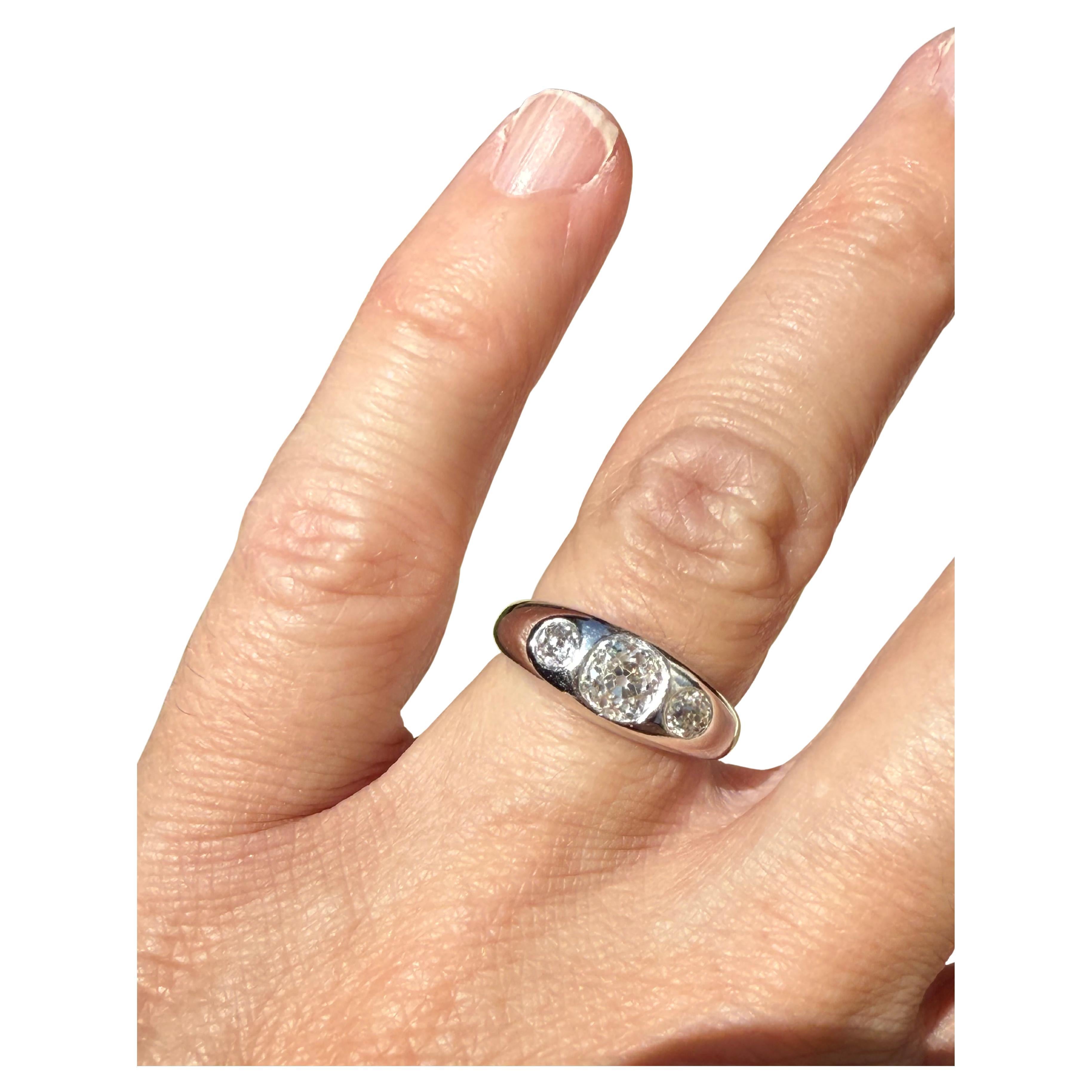 Antique Platinum 3-Stone Old Mine Cut Diamond Gypsy Ring