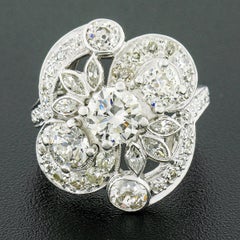 Antique Platinum 3.46ctw Old European Diamond Cluster Flower Large Cocktail Ring