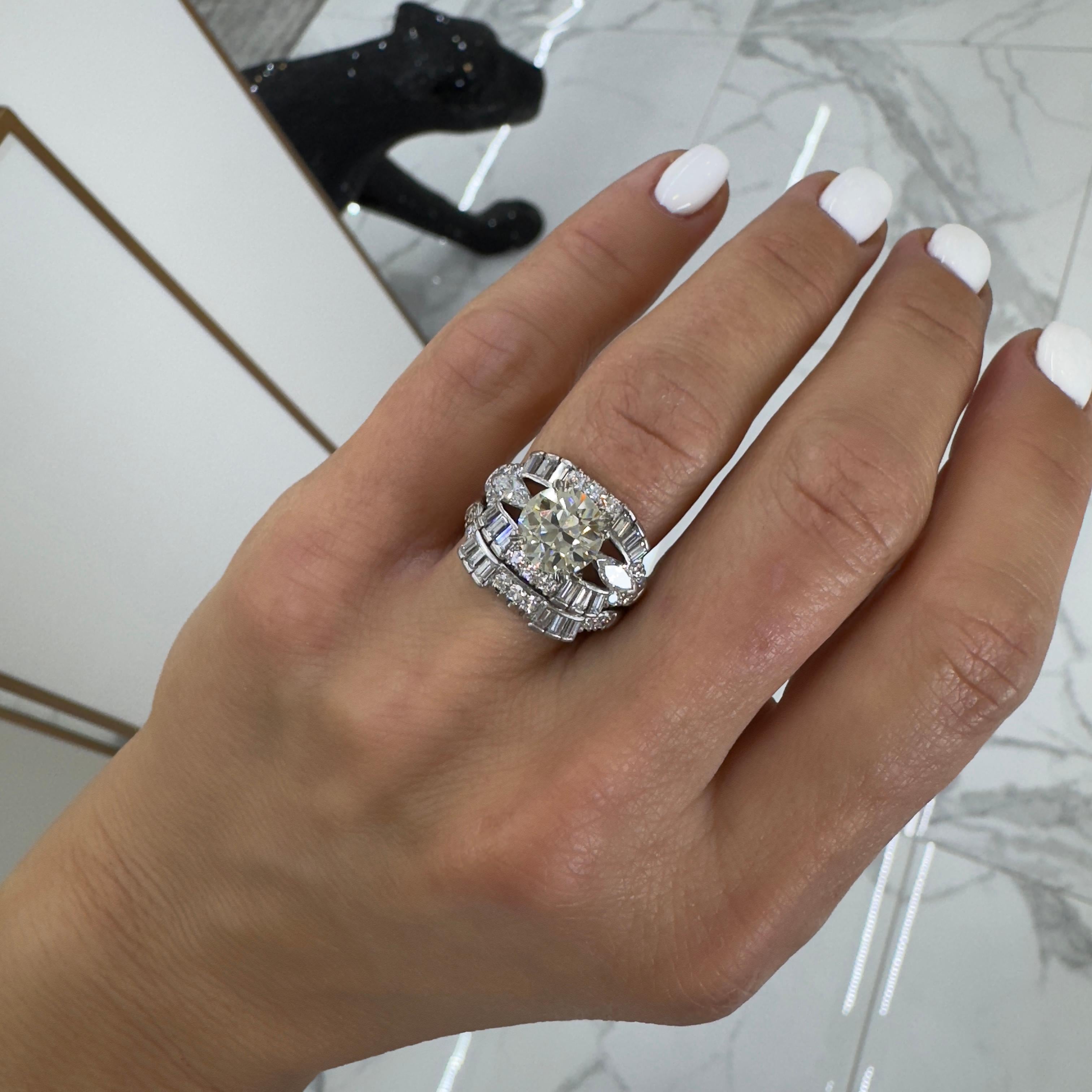 Antique Platinum 3.52ct Old European Cut Accented Diamond Engagement Ring For Sale 3