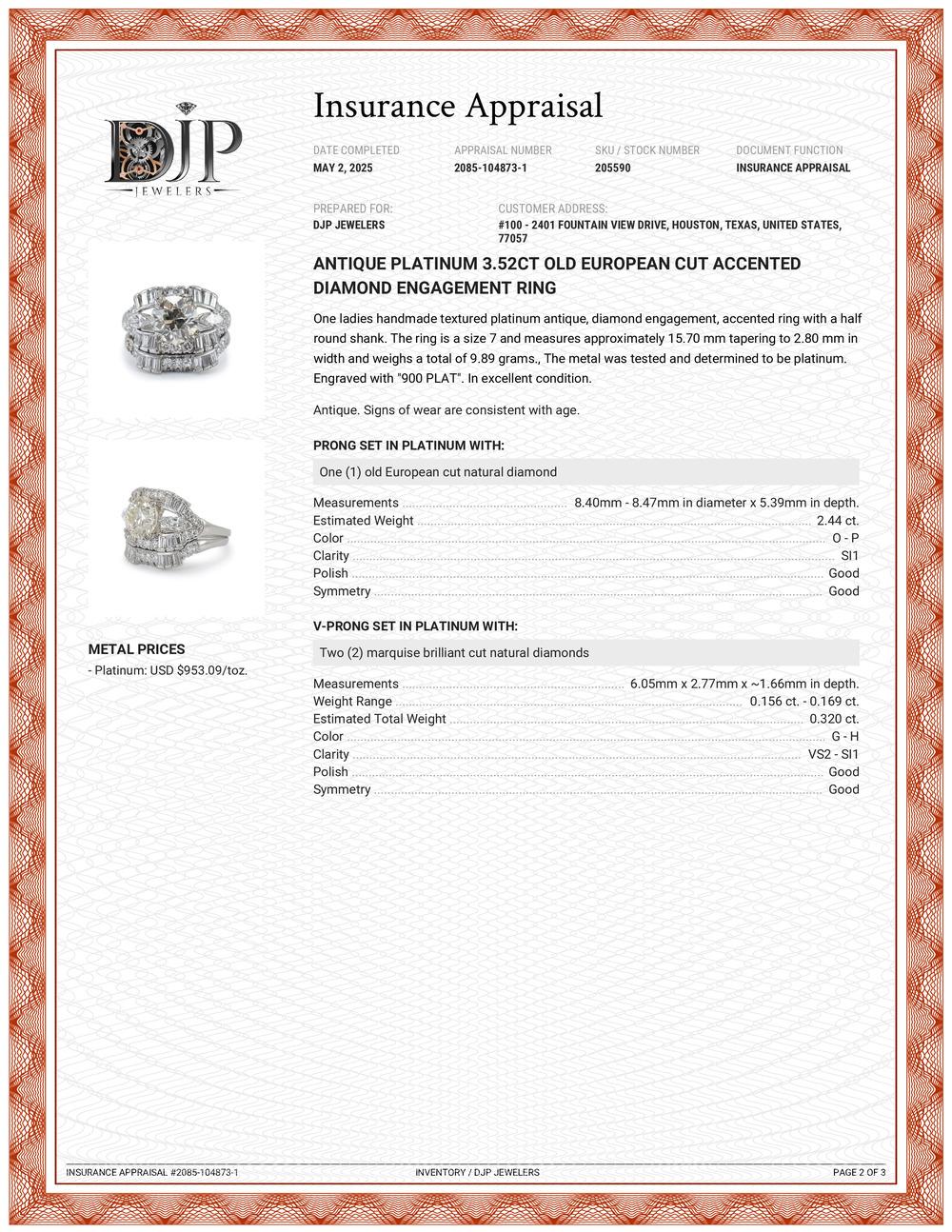 Antique Platinum 3.52ct Old European Cut Accented Diamond Engagement Ring For Sale 4