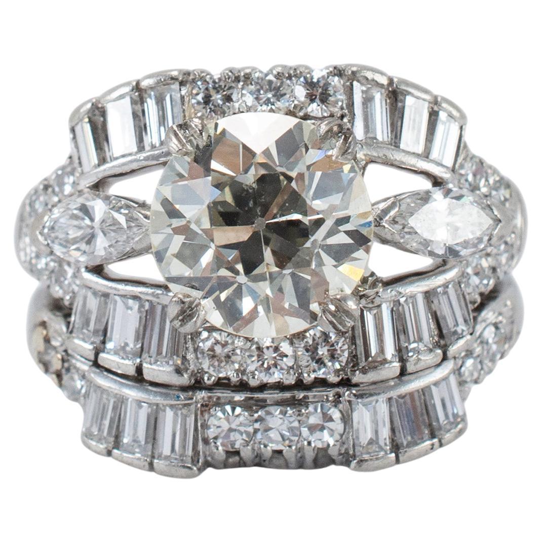 Bague de fiançailles ancienne en platine avec diamant de taille européenne ancienne de 3.52 carat en vente