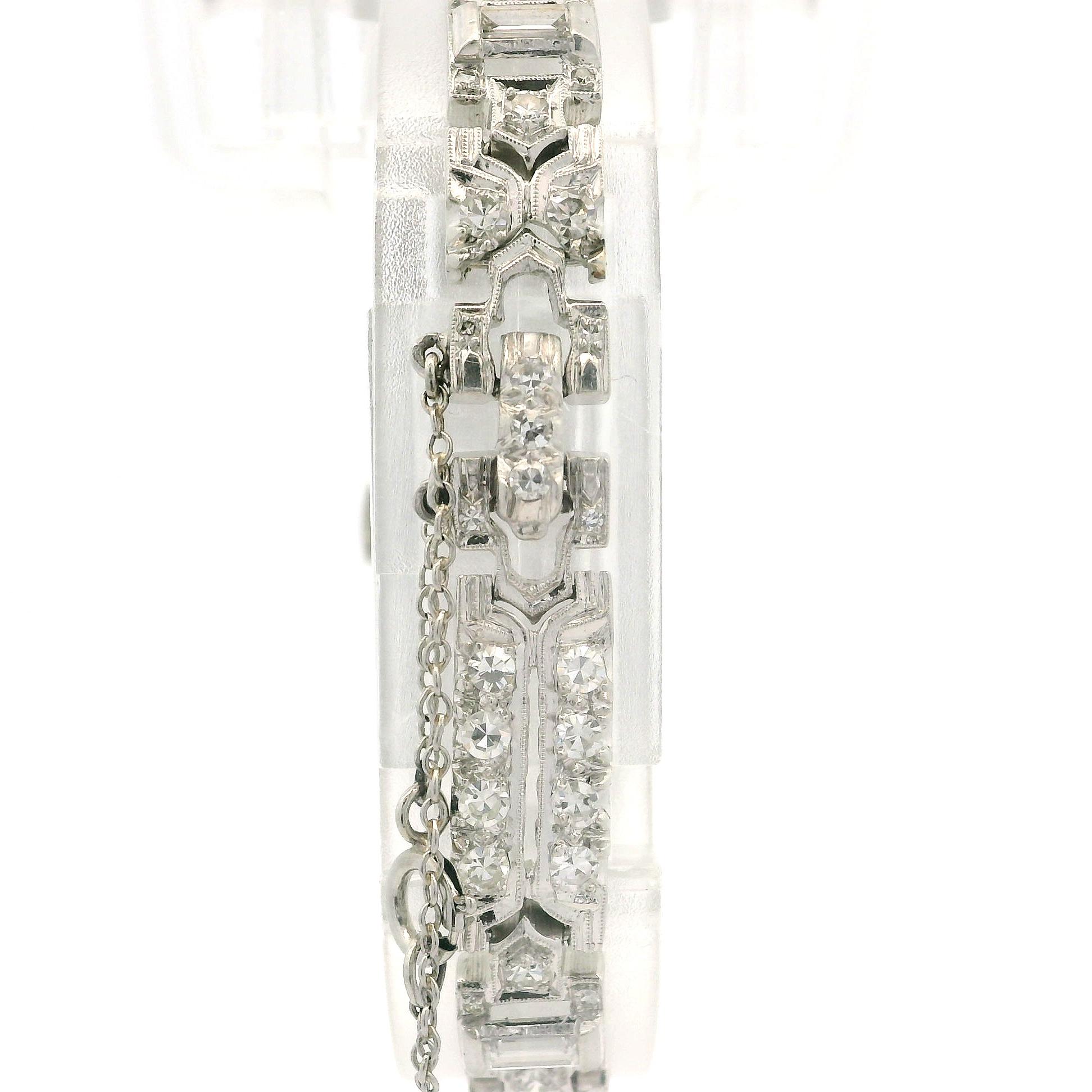 Antique Platinum 3.72ctw Old Round & Baguette Cut Diamond Fancy Wrist Watch Brac For Sale 5
