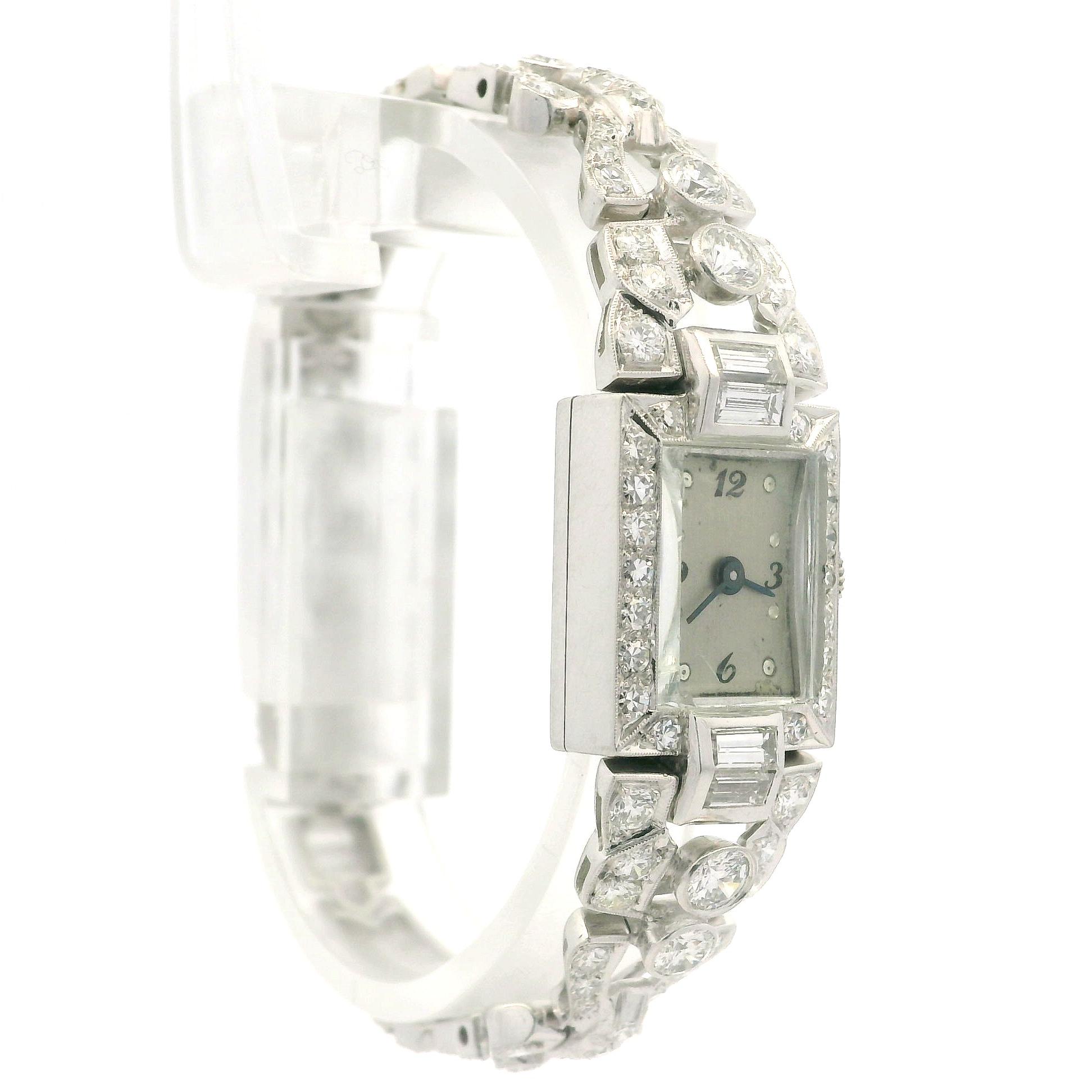 Antique Platinum 3.72ctw Old Round & Baguette Cut Diamond Fancy Wrist Watch Brac For Sale 7