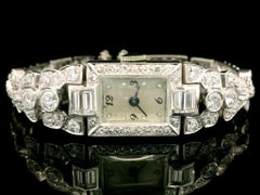 Antique Platinum 3.72ctw Old Round & Baguette Cut Diamond Fancy Wrist Watch Brac