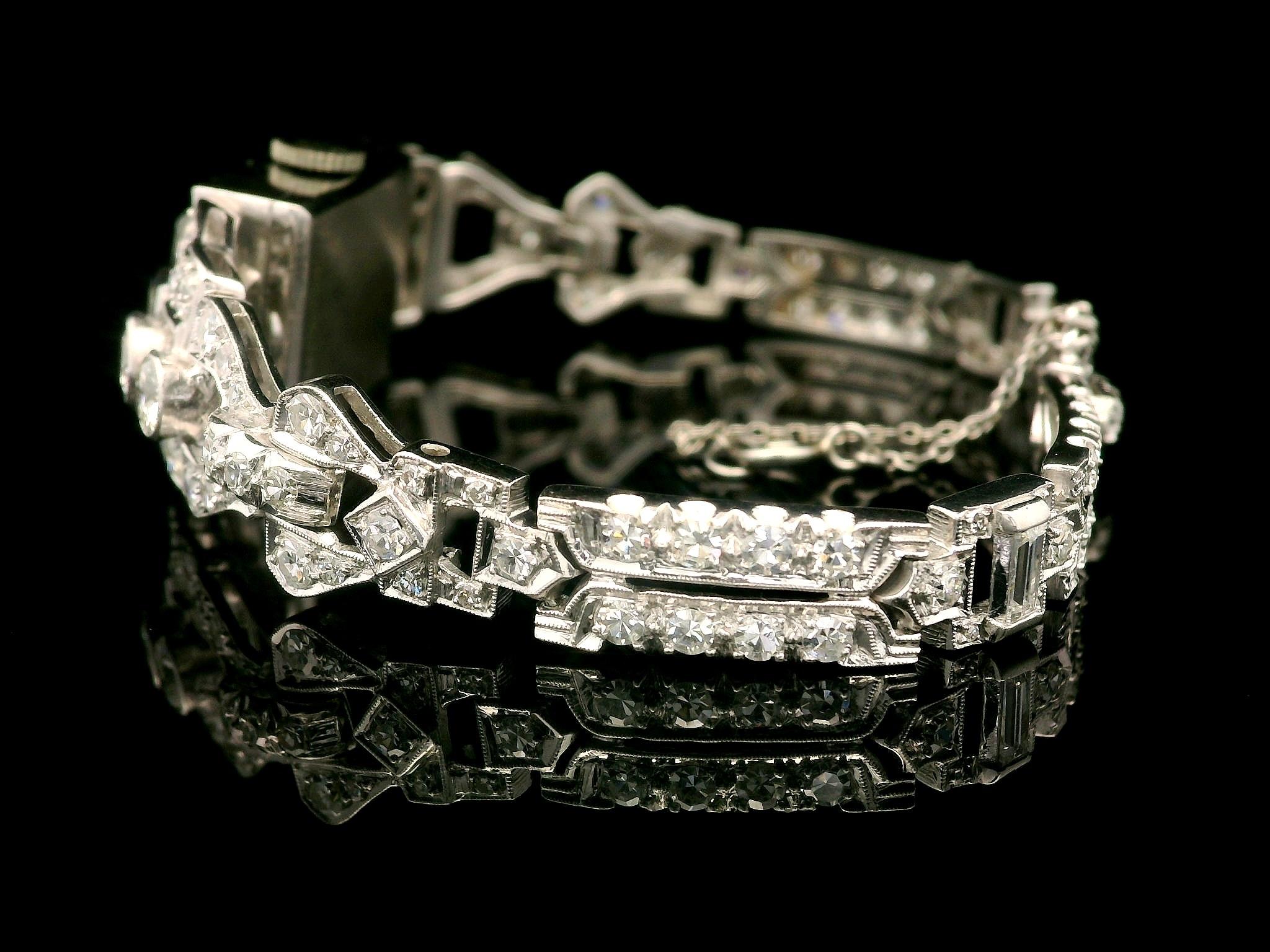 Women's or Men's Antique Platinum 3.72ctw Old Round & Baguette Cut Diamond Fancy Wrist Watch Brac For Sale