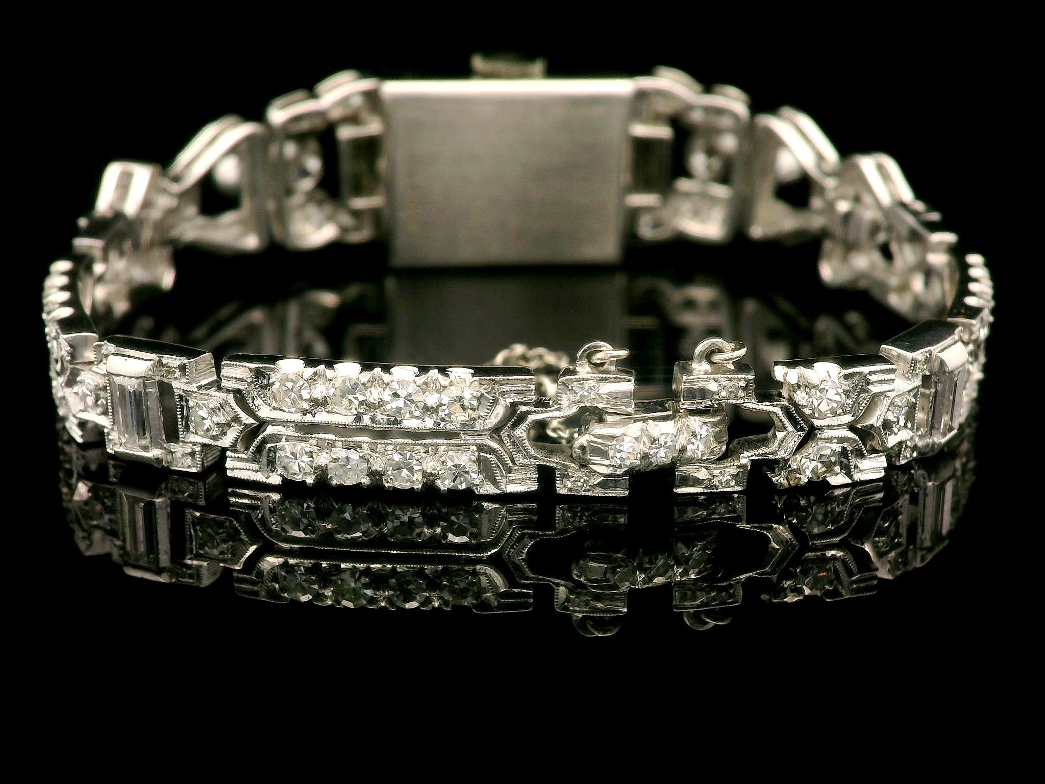 Antique Platinum 3.72ctw Old Round & Baguette Cut Diamond Fancy Wrist Watch Brac For Sale 1