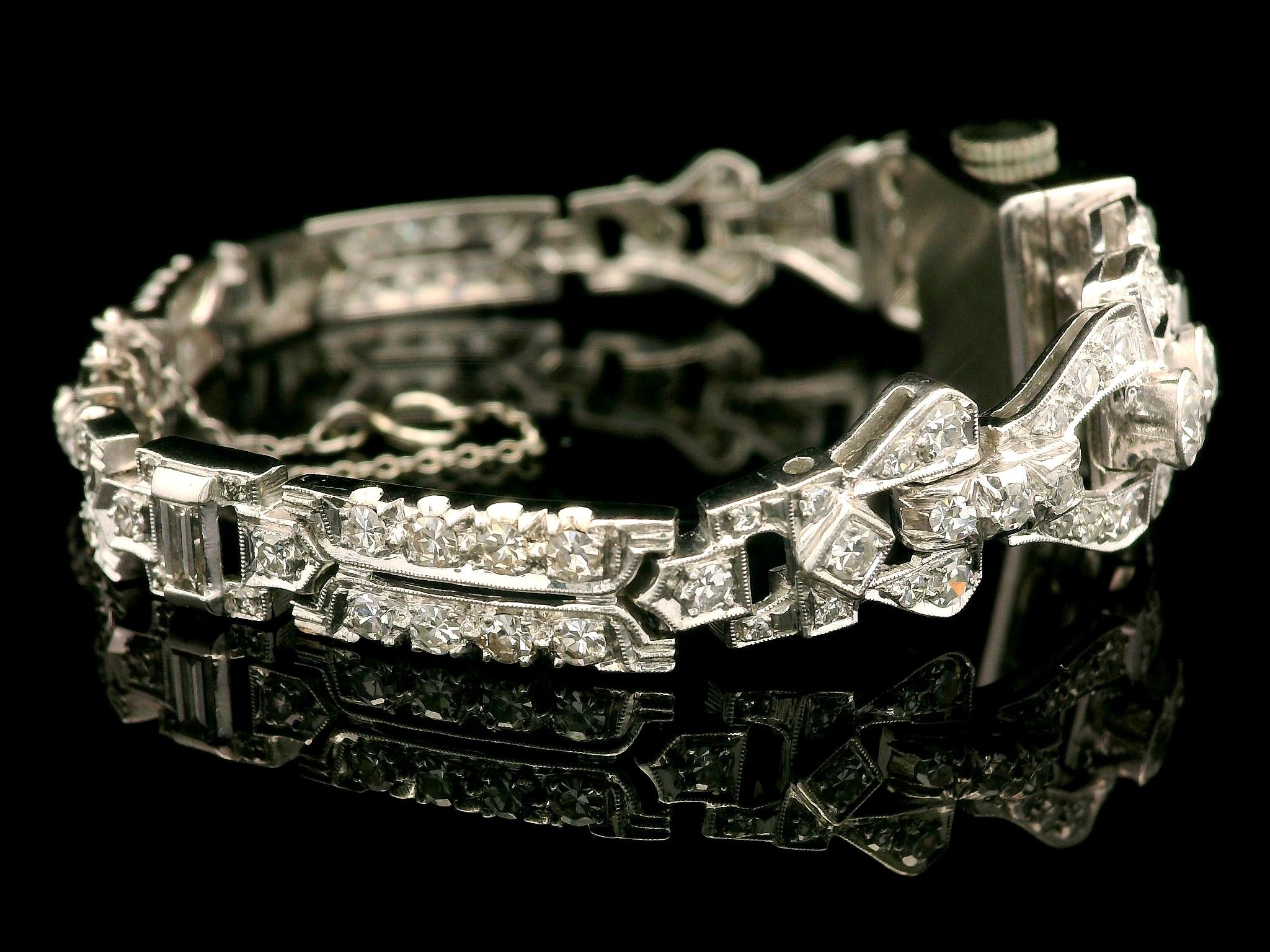 Antique Platinum 3.72ctw Old Round & Baguette Cut Diamond Fancy Wrist Watch Brac For Sale 2