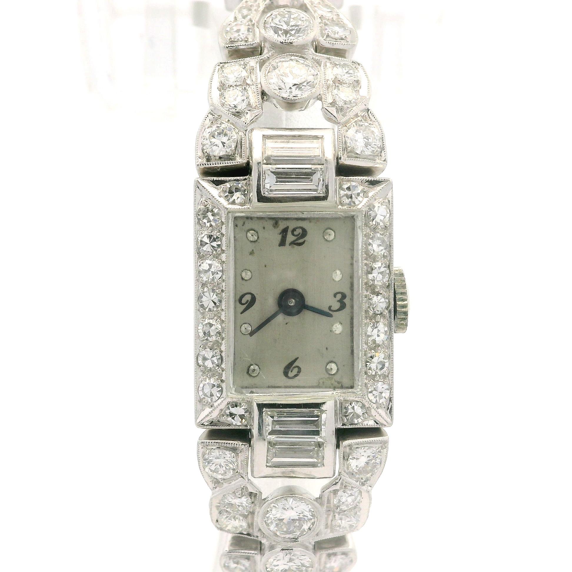 Antique Platinum 3.72ctw Old Round & Baguette Cut Diamond Fancy Wrist Watch Brac For Sale 4
