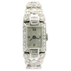 Antique Platinum 3.72ctw Old Round & Baguette Cut Diamond Fancy Wrist Watch Brac