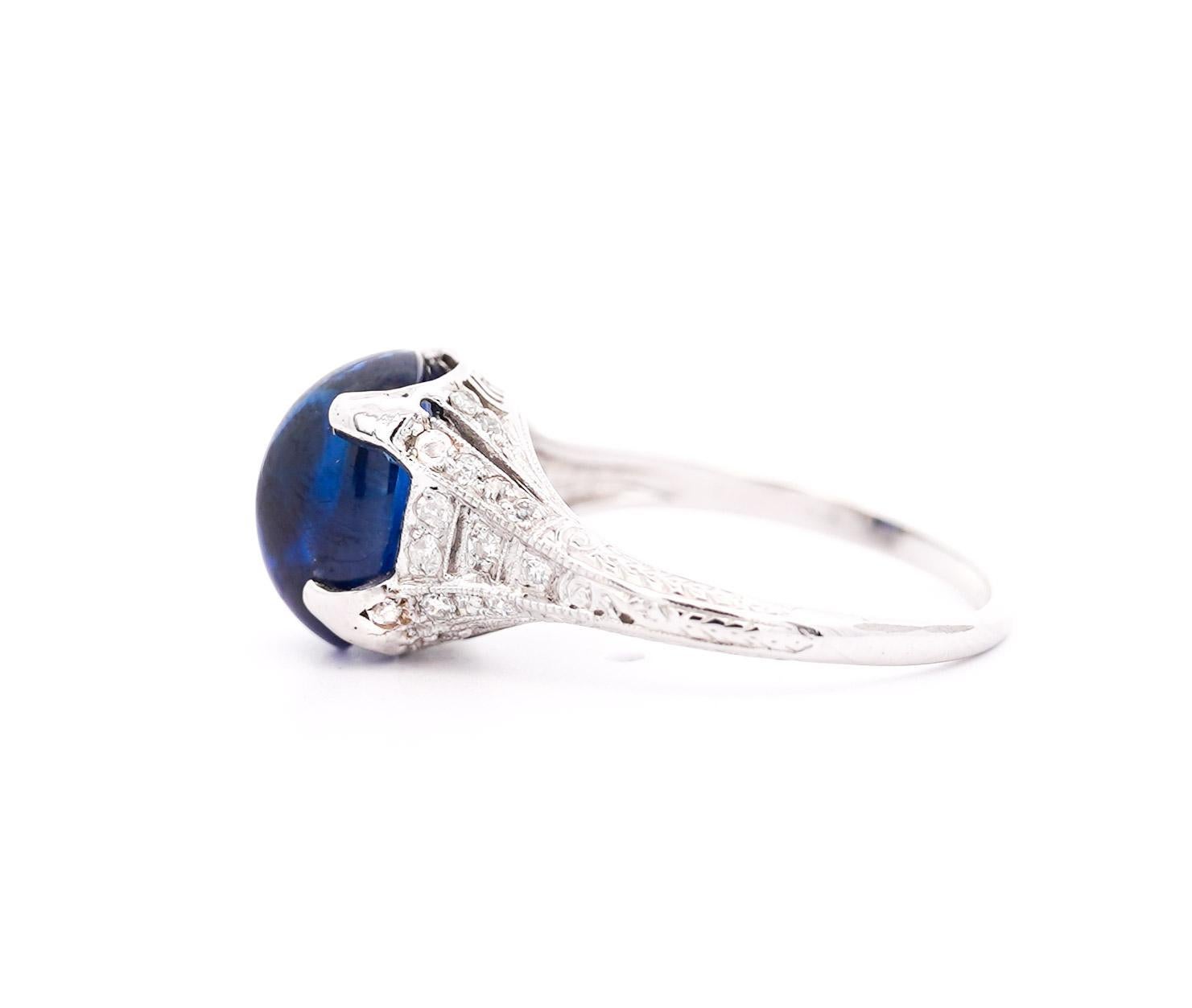 Art Deco Antique Platinum 5.50 Carat Cabochon-Cut Ceylon Sapphire & Diamond Ring For Sale