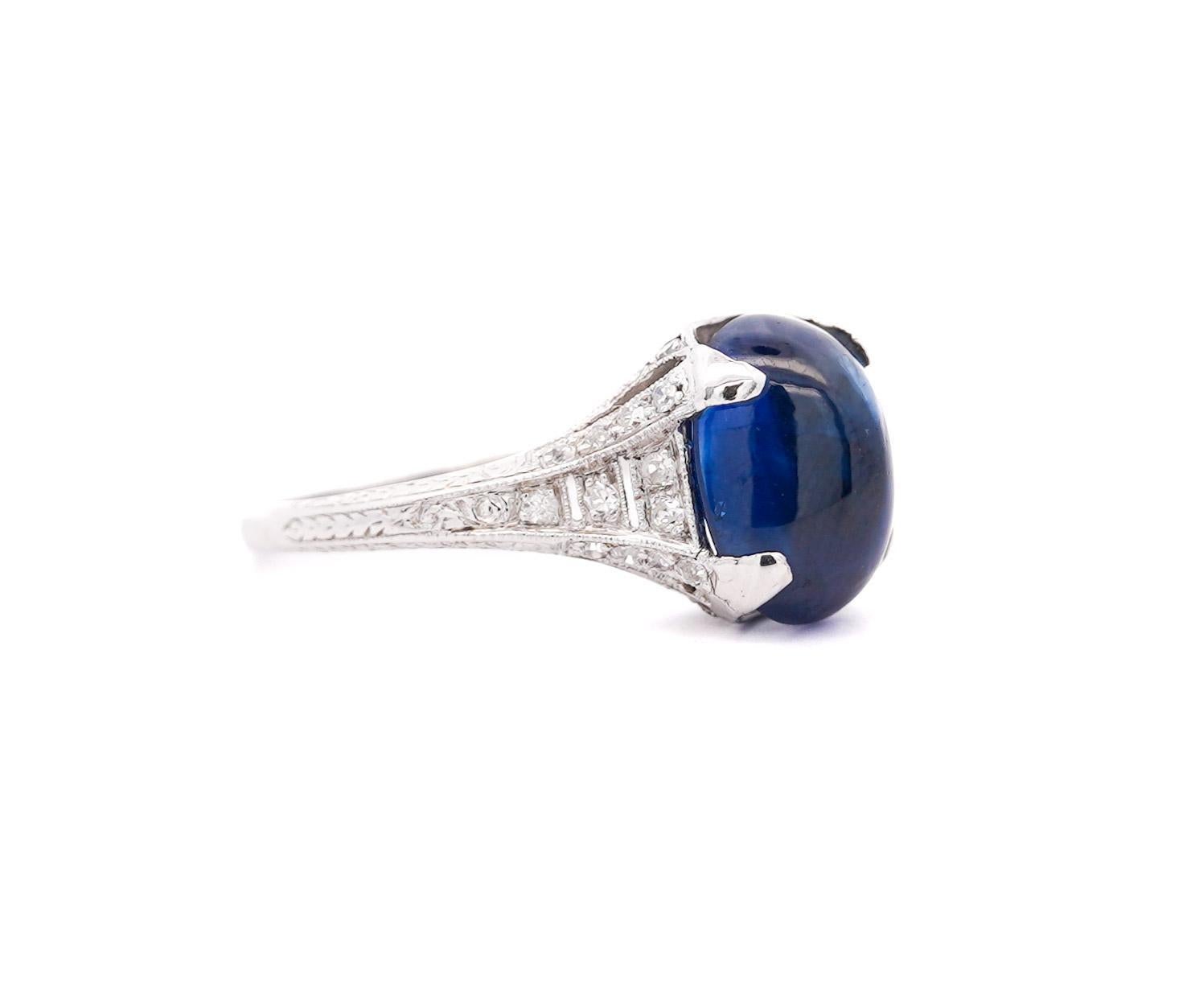 Antique Platinum 5.50 Carat Cabochon-Cut Ceylon Sapphire & Diamond Ring In Good Condition For Sale In Miami, FL