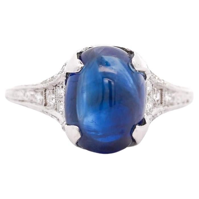 Antique Platinum 5.50 Carat Cabochon-Cut Ceylon Sapphire & Diamond Ring For Sale