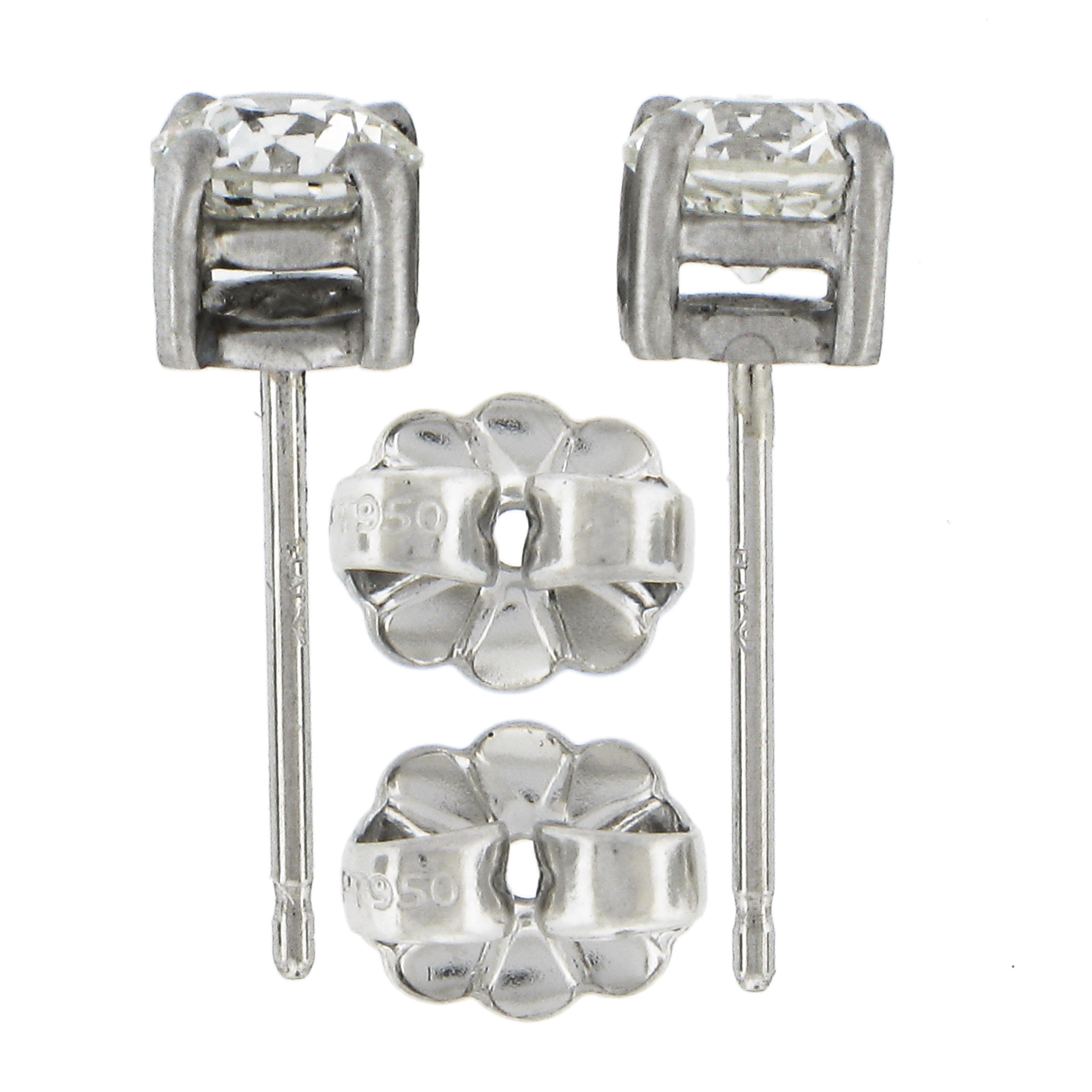 Old European Cut Antique Platinum .88ct Old European Diamond 4 Prong Basket Classic Stud Earrings For Sale