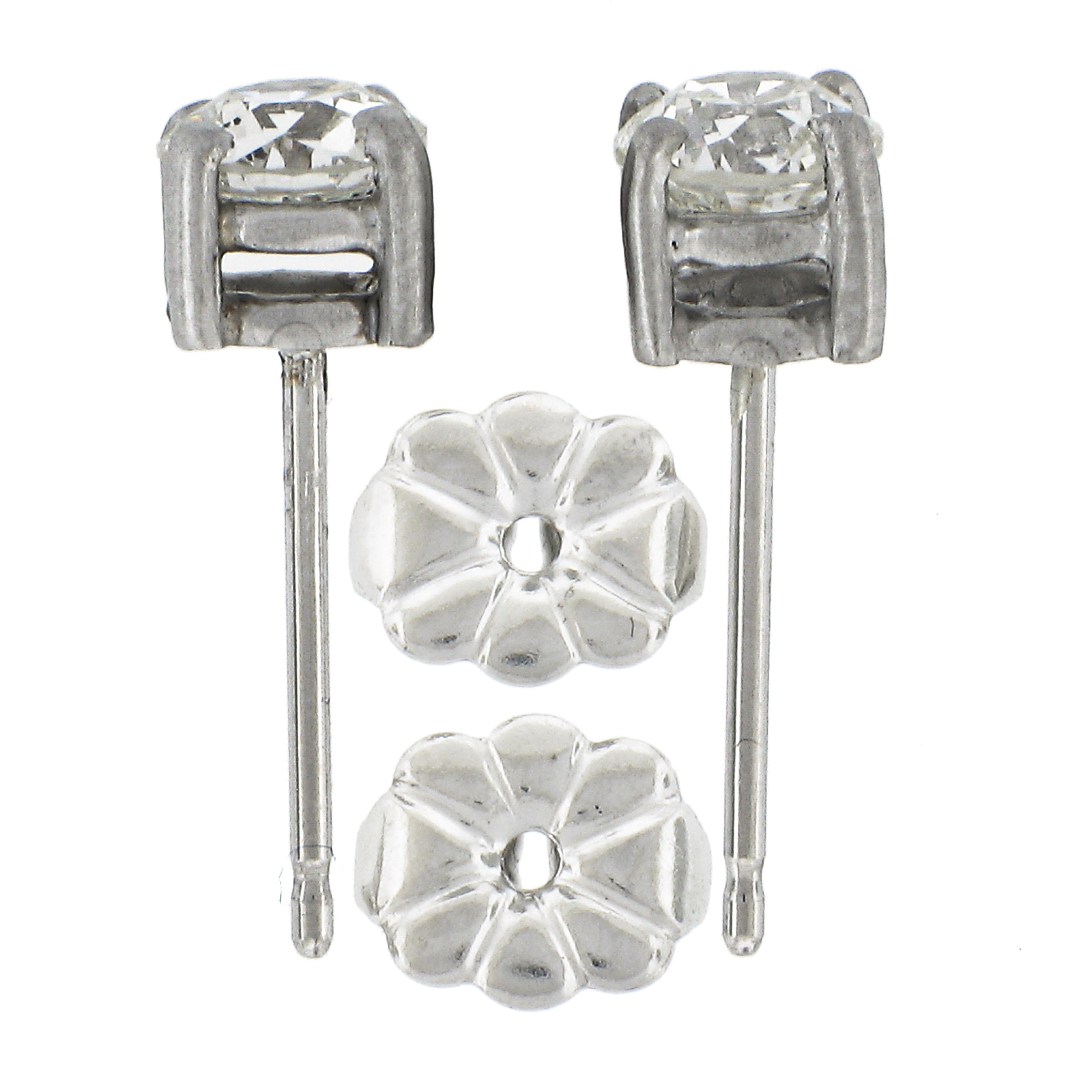 Antique Platinum .88ct Old European Diamond 4 Prong Basket Classic Stud Earrings In Excellent Condition For Sale In Montclair, NJ