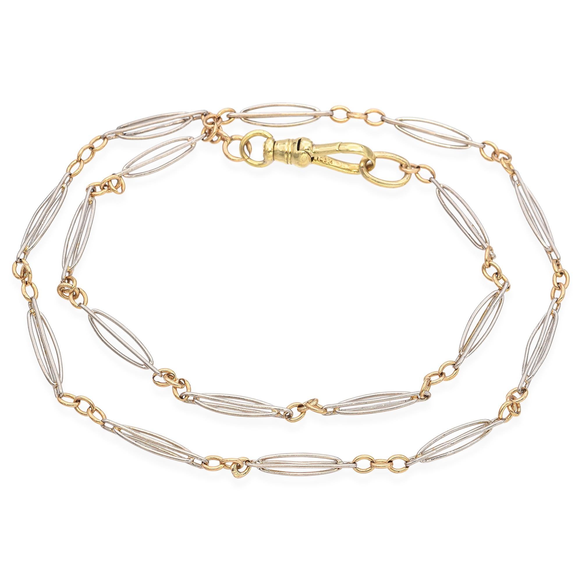 Chaîne de montre ancienne en platine et or jaune 14 carats en vente 1