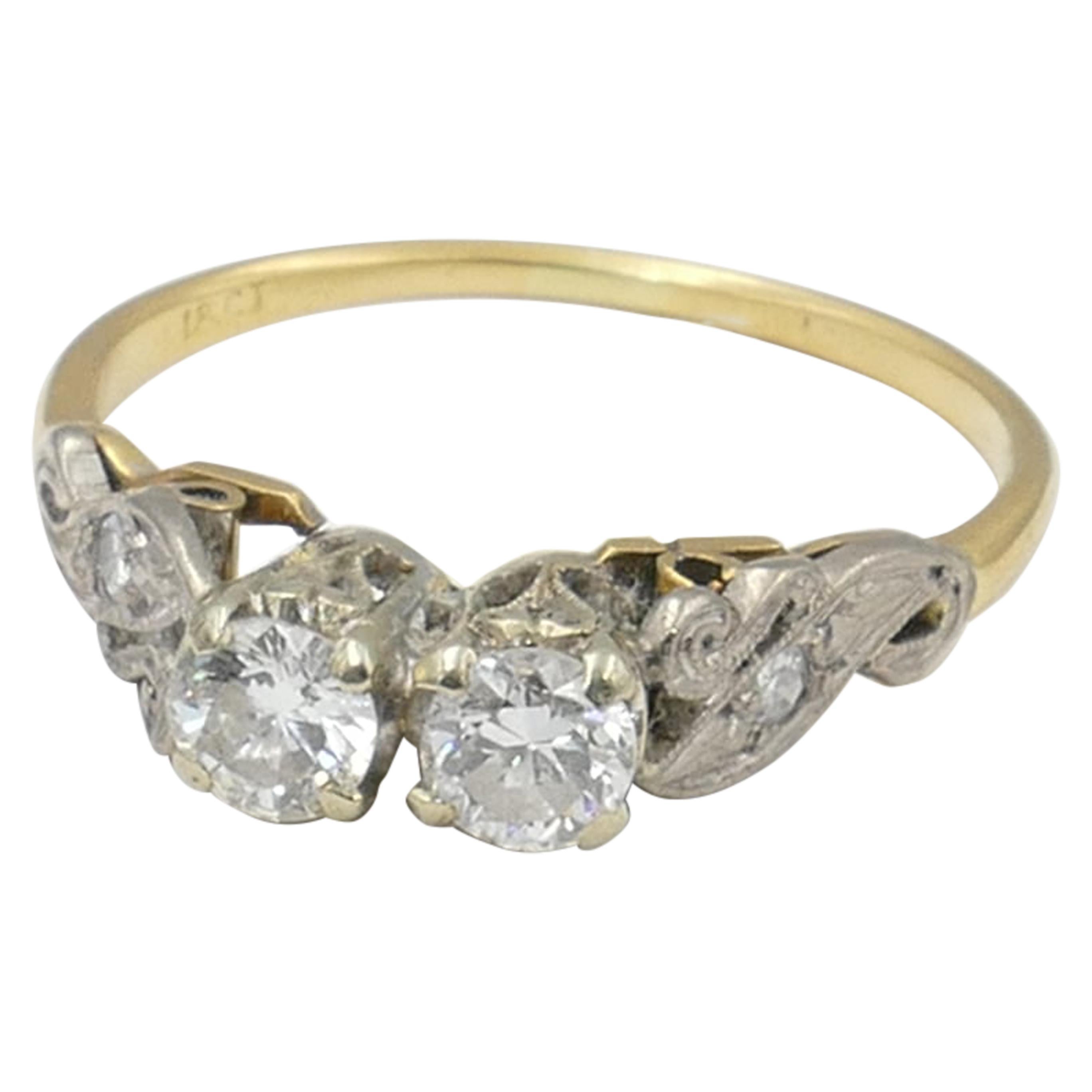 Antique Platinum and 18 Carat and Yellow Gold 2 Diamond Ring
