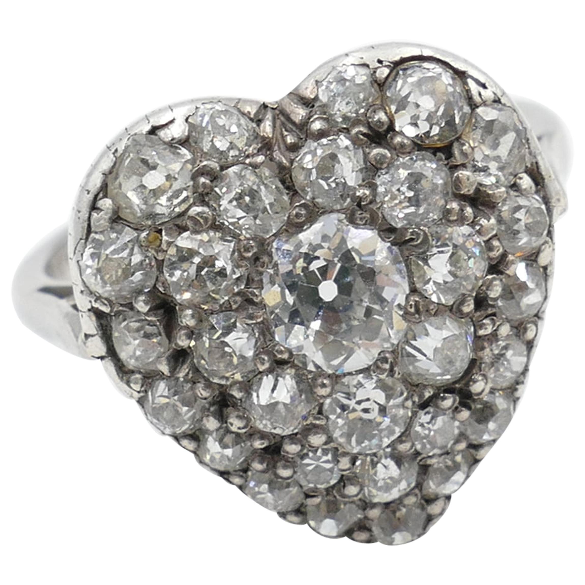 Antique Platinum and 18 Carat Yellow Gold Heart Shaped Diamond Ring For Sale