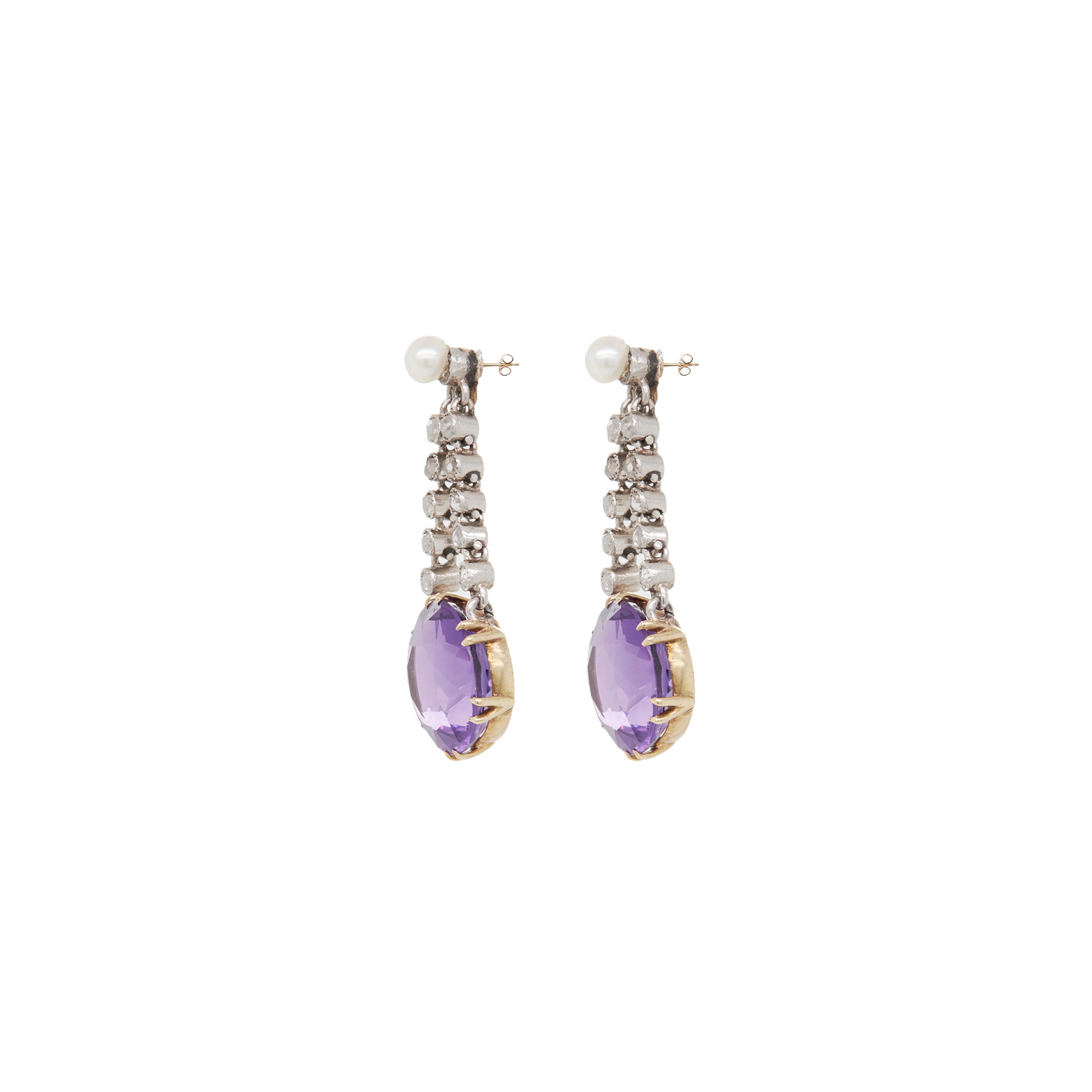 Victorien Boucles d'oreilles pendantes anciennes en platine et or jaune 18 carats avec améthyste, perle et diamants en vente
